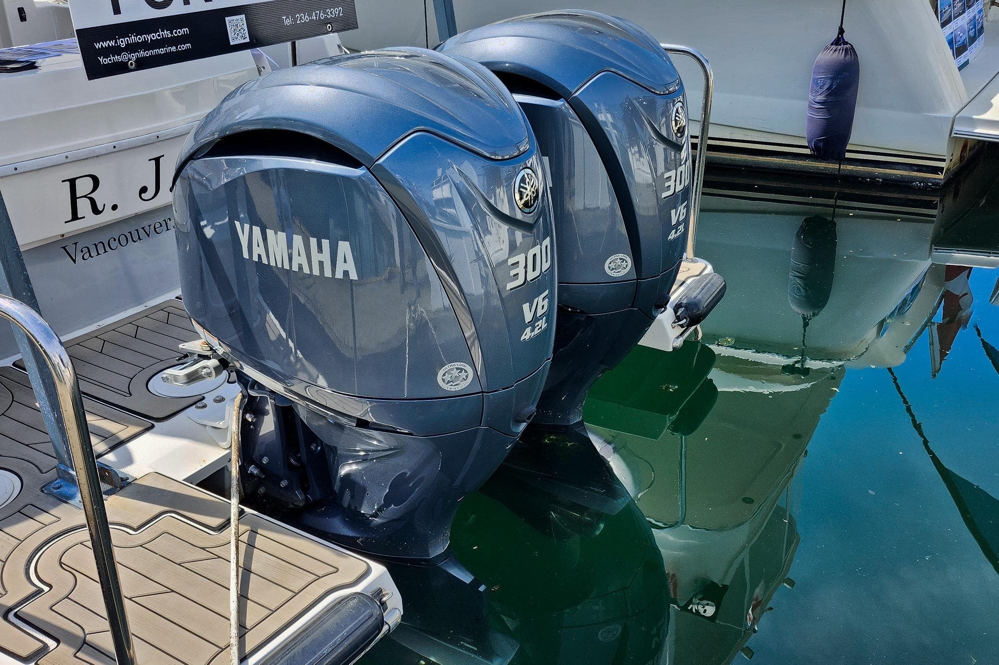 Twin Yamaha 300 V6 outboard engines on a 2022 Cutwater C-32 CB boat.