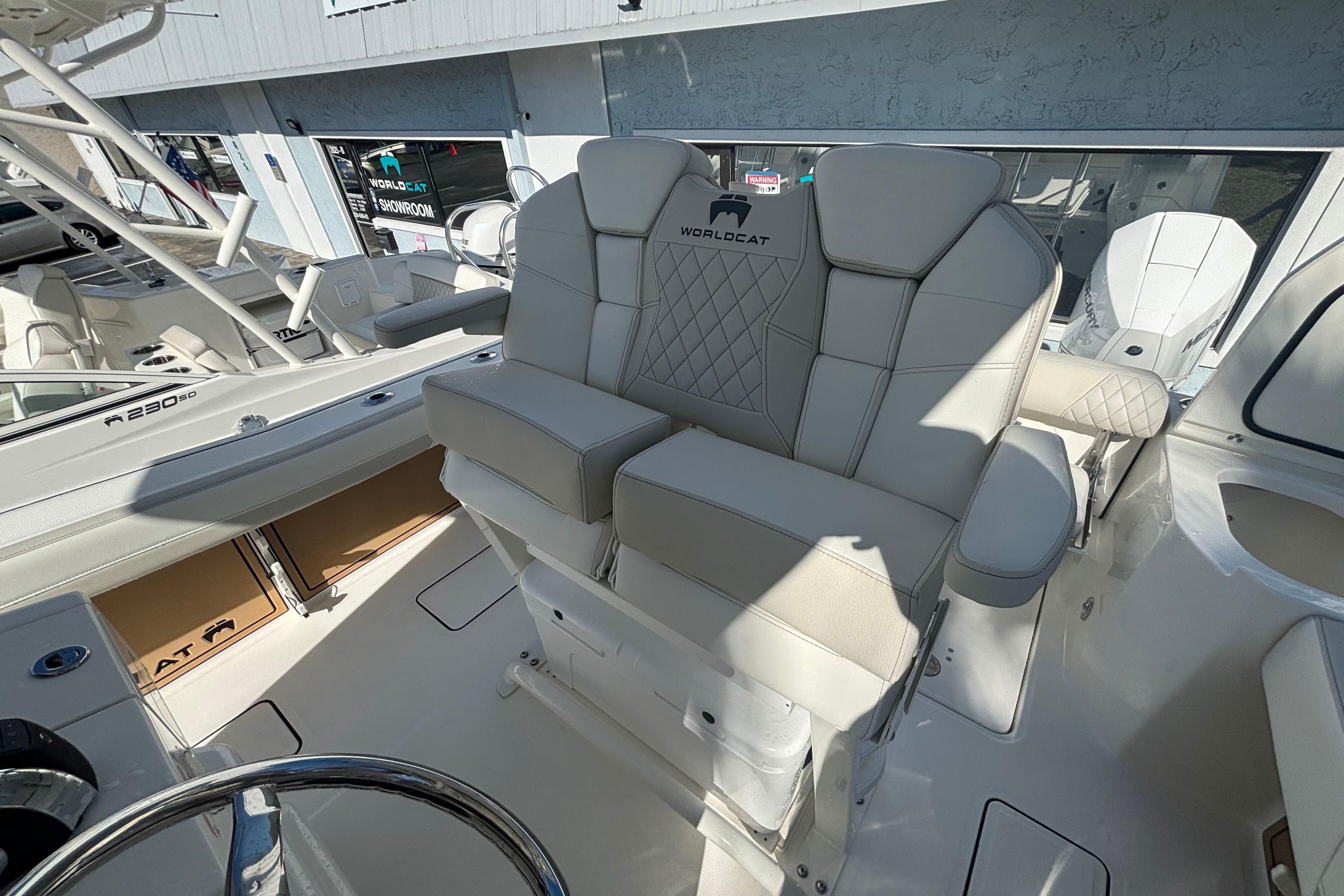 2026 World Cat 265 CC-X boat interior with luxurious seating and modern design.