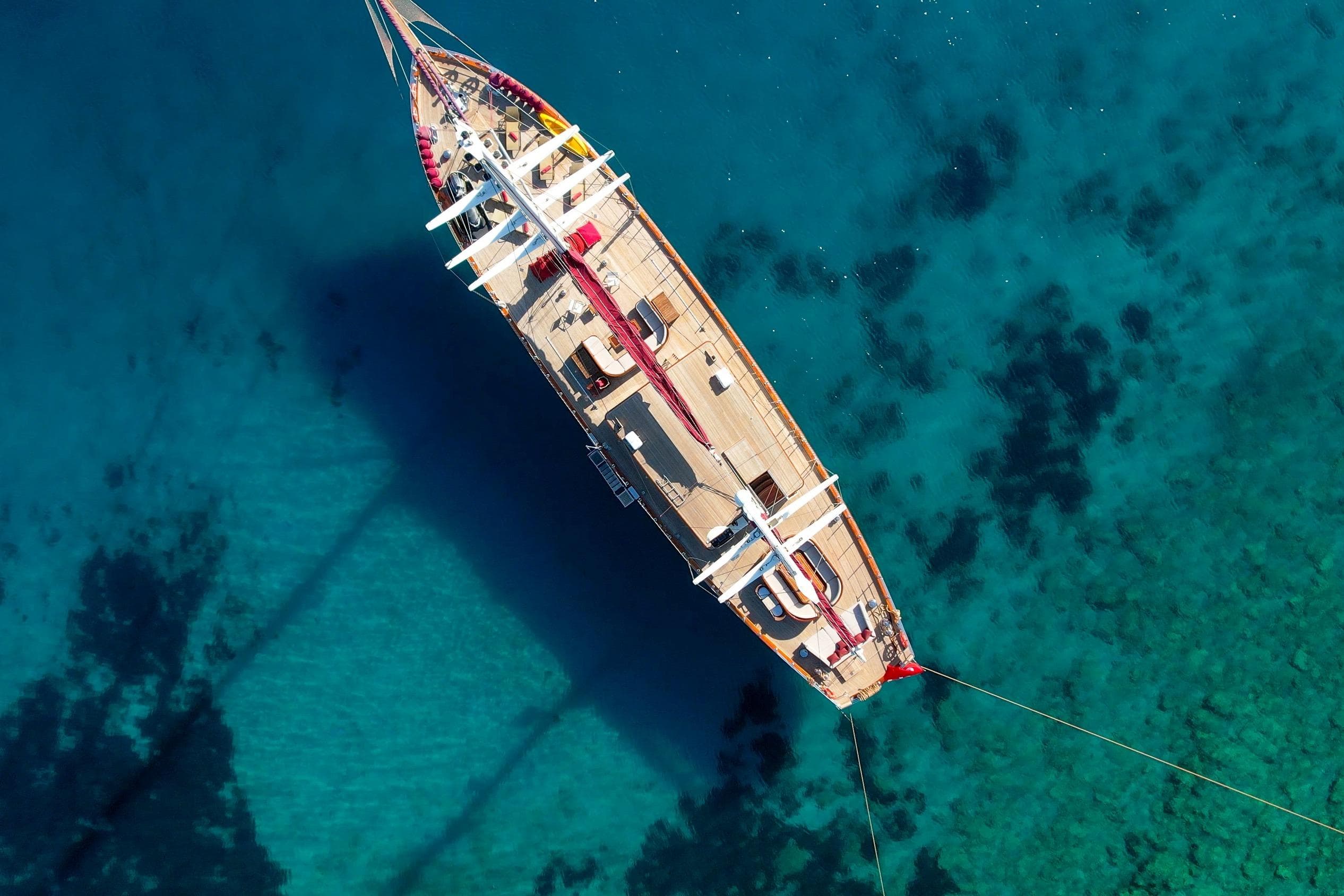 Aerial view of 2009 Ada Yacht Ketch on clear blue water.