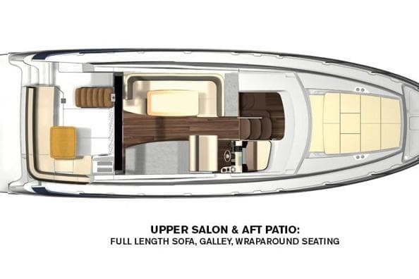 2021 Regal 42 Fly yacht layout with upper salon, full-length sofa, galley, and wraparound seating.