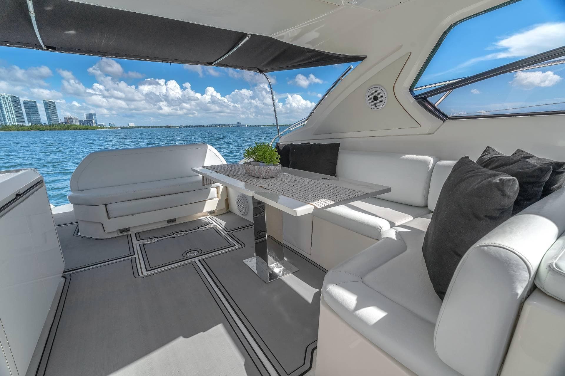 Luxurious interior of 2014 Azimut Atlantis 48 yacht with ocean view.
