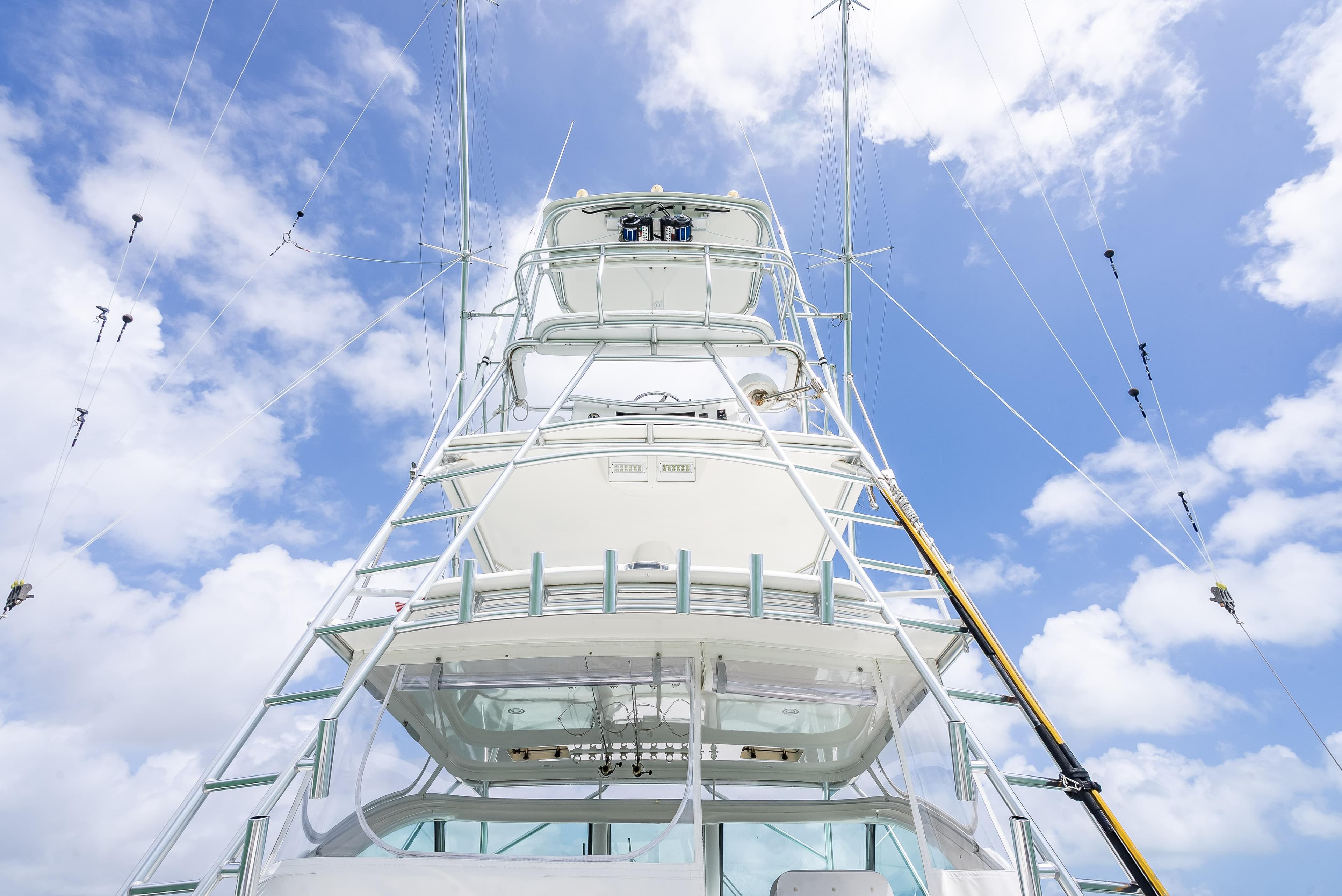 2006 Tiara Yachts 4200 Open against a bright blue sky with clouds.