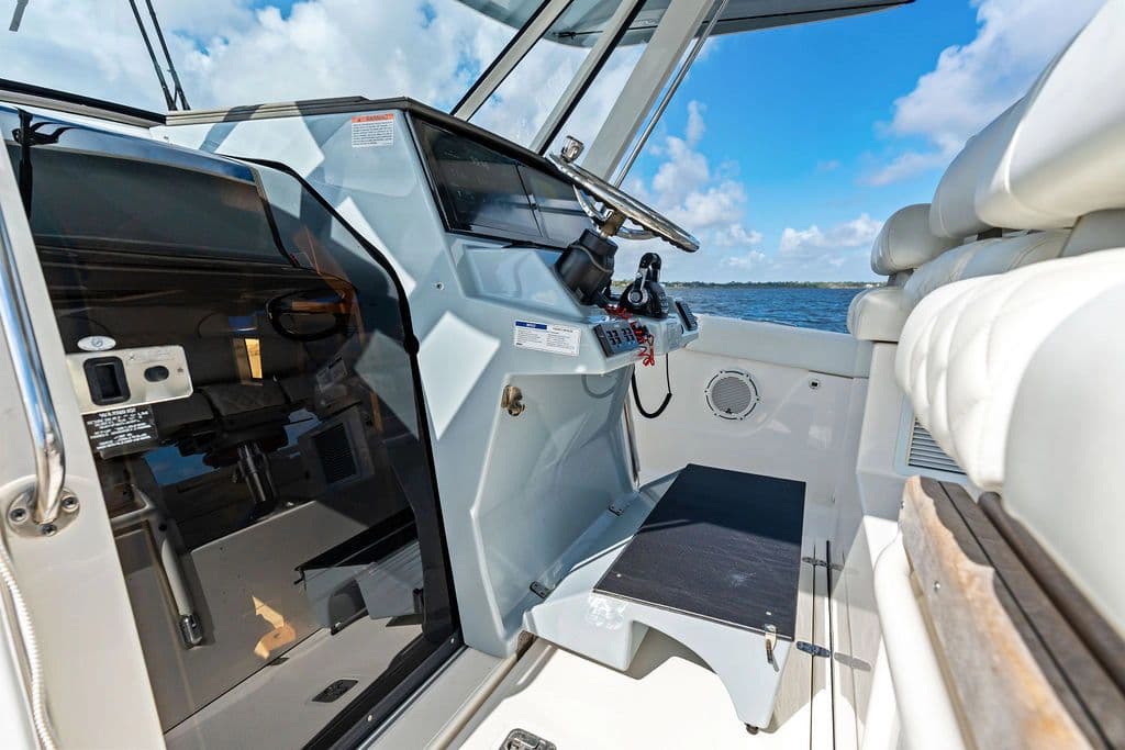 Interior of 2021 Pursuit S 378 Sport with helm station.