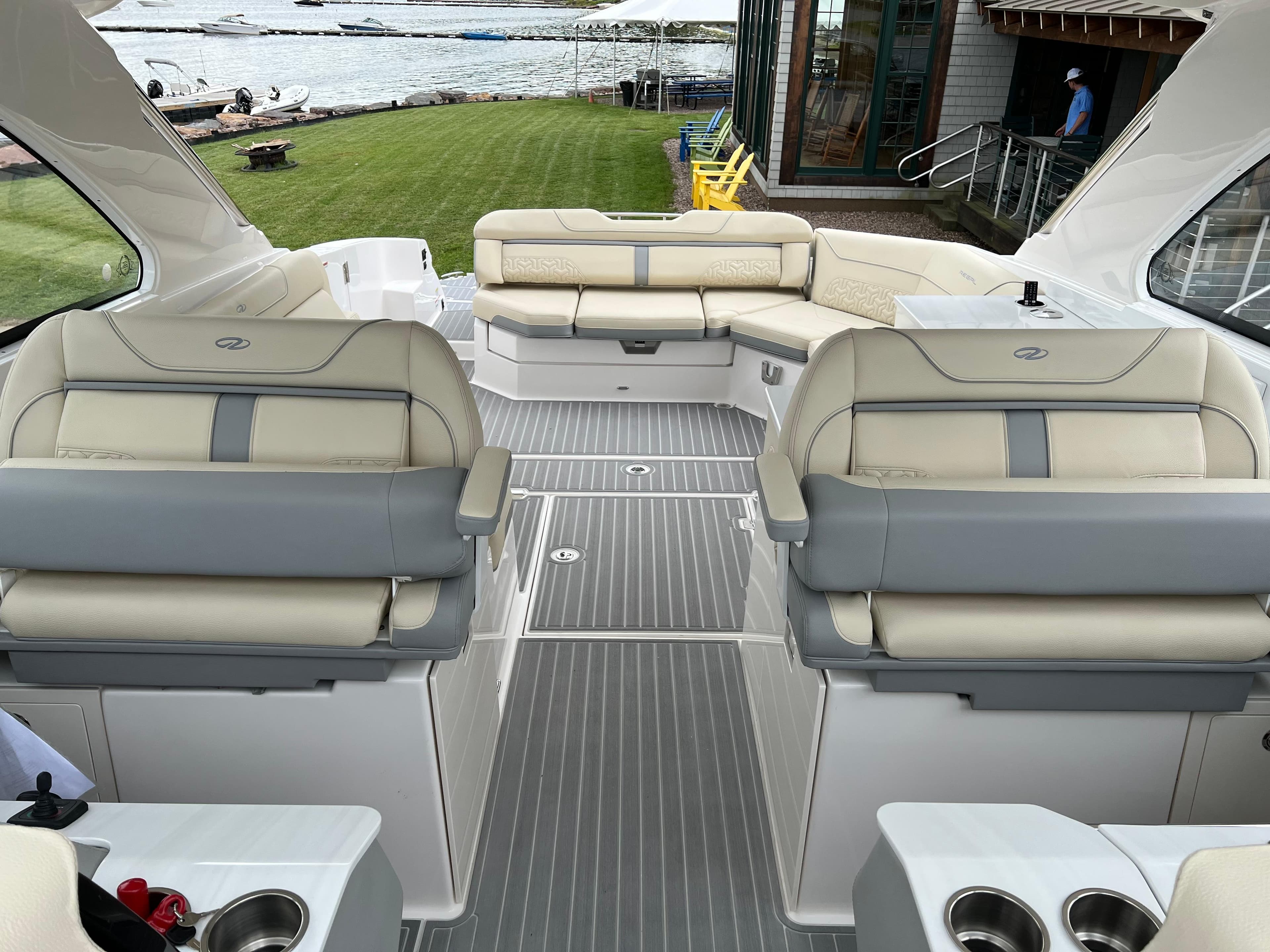Luxurious 2022 Regal LS36 boat interior with plush seating and elegant design.