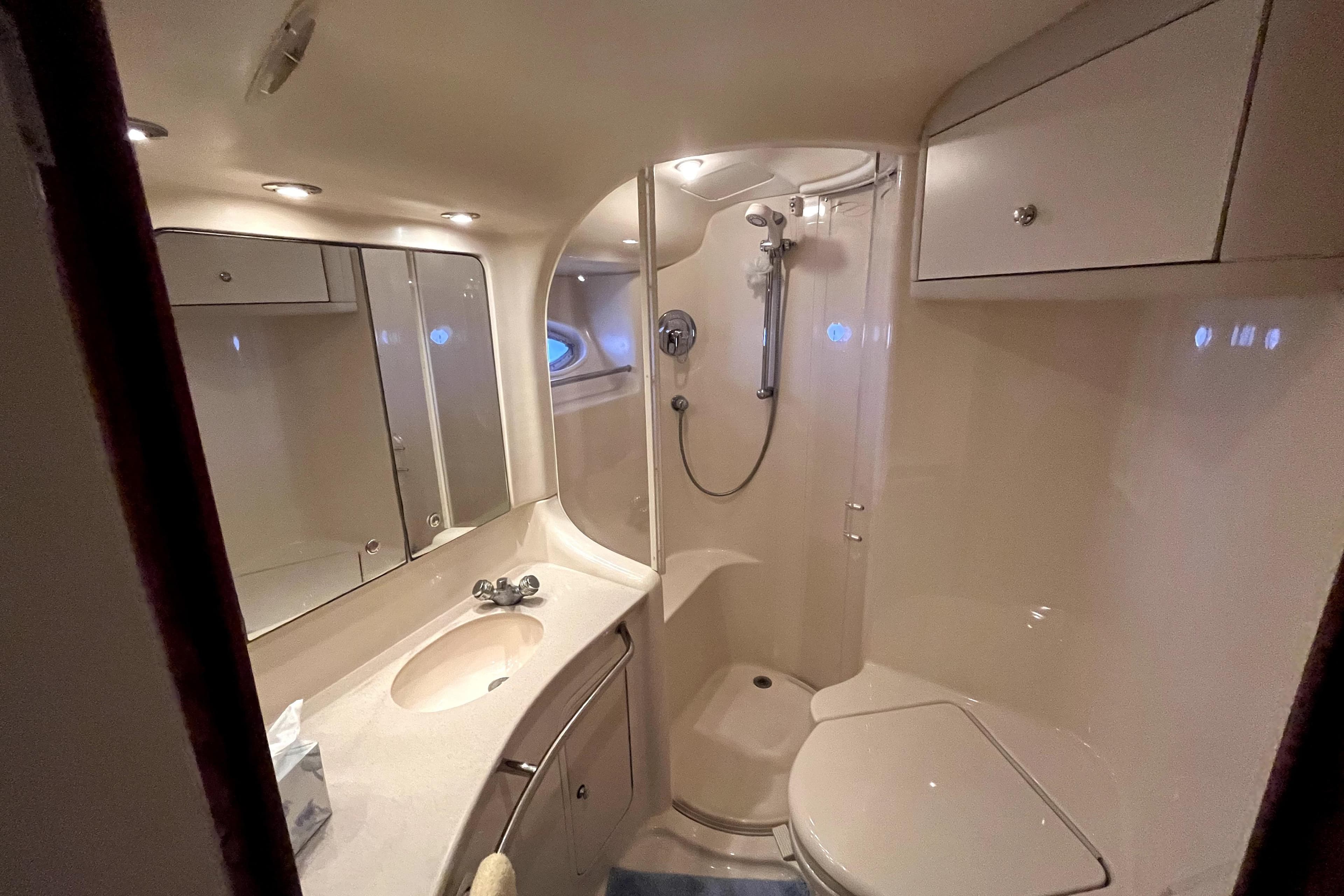 Luxurious bathroom in 2003 Sea Ray 480 Sedan Bridge yacht, featuring shower and vanity.