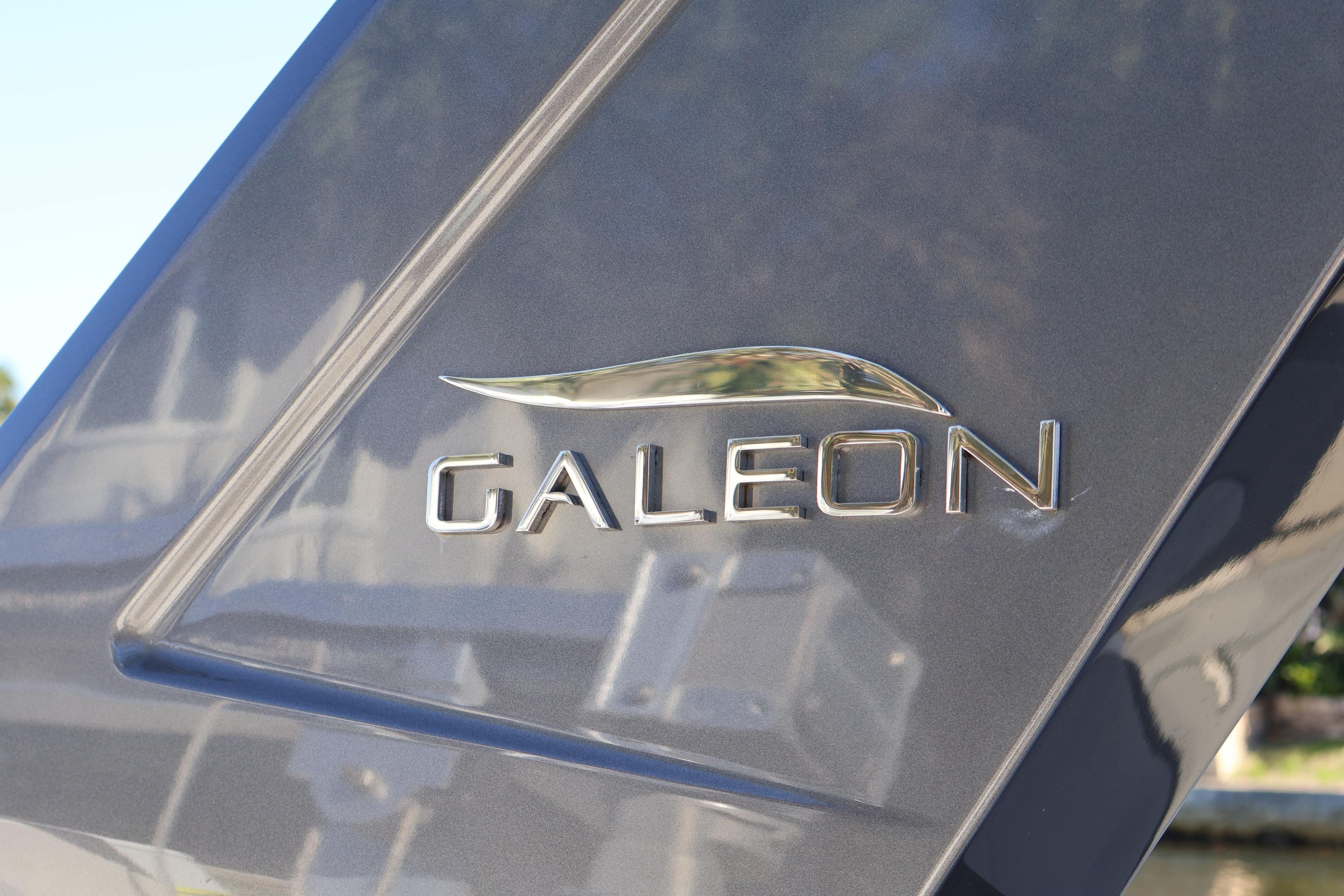 2024 Galeon 325 GTO logo on sleek, reflective surface.