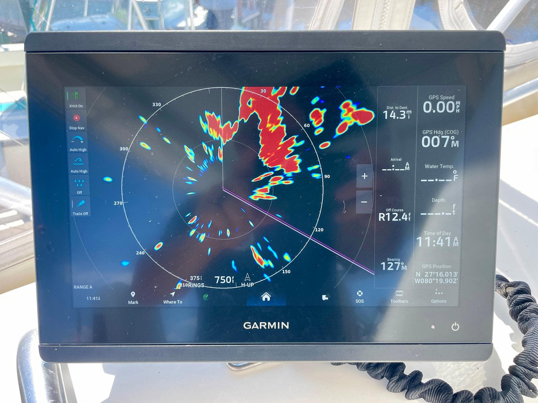 Garmin marine radar display on 1988 Bertram 43 Convertible boat.