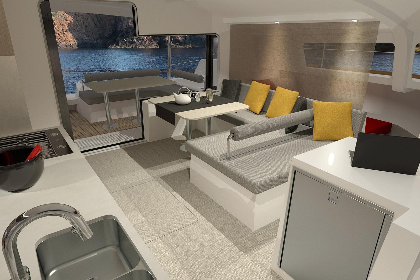 Modern NEEL 43 yacht interior with cozy seating, dining area, and scenic ocean view.