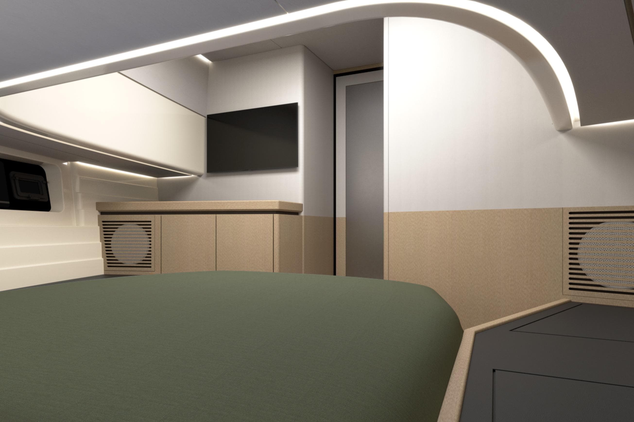 Modern interior of Aiata Sunfinder 50 yacht, 2026 model, featuring sleek design and ambient lighting.