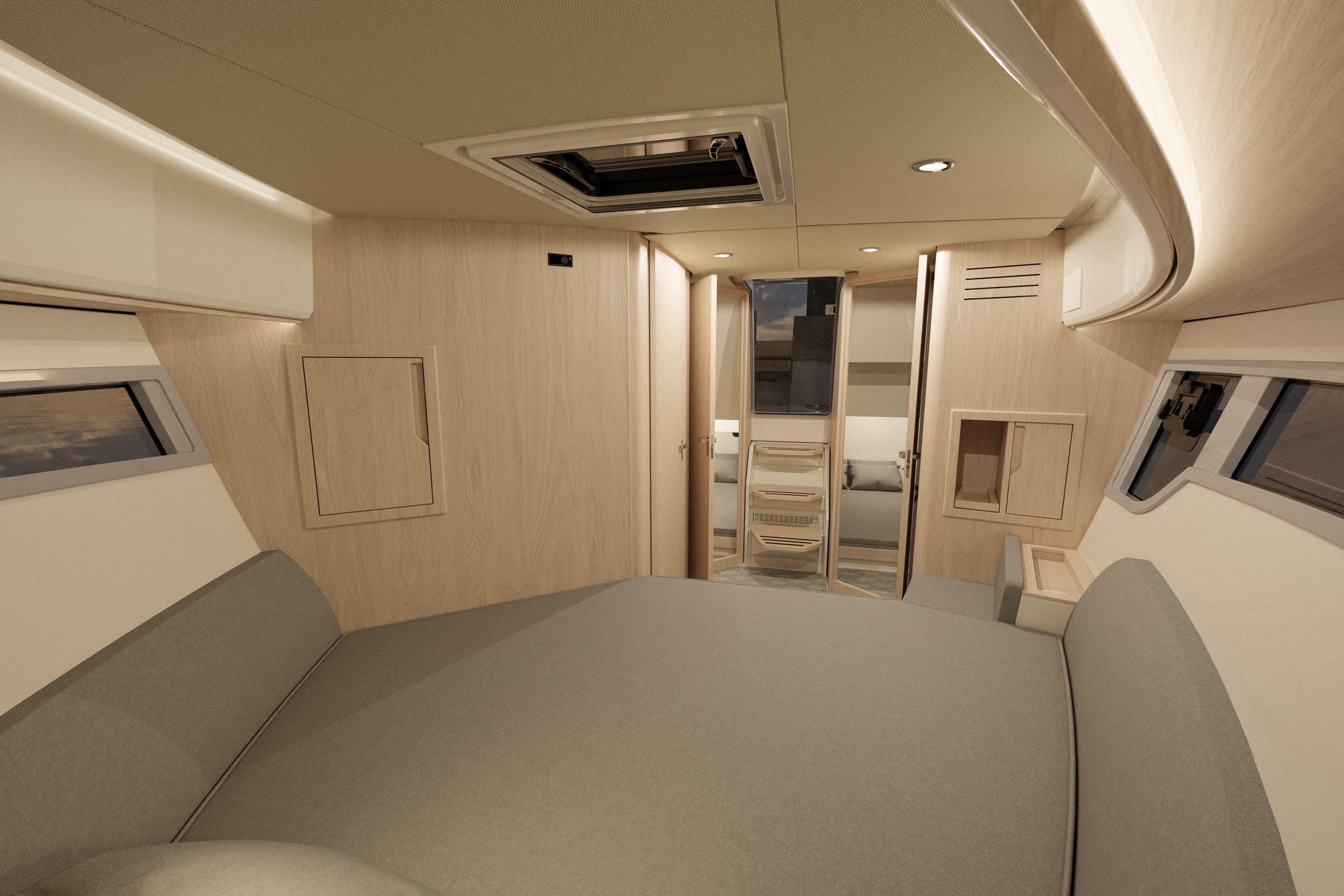 Luxurious interior of 2026 Aquador 400HT yacht, featuring modern design and comfortable seating.