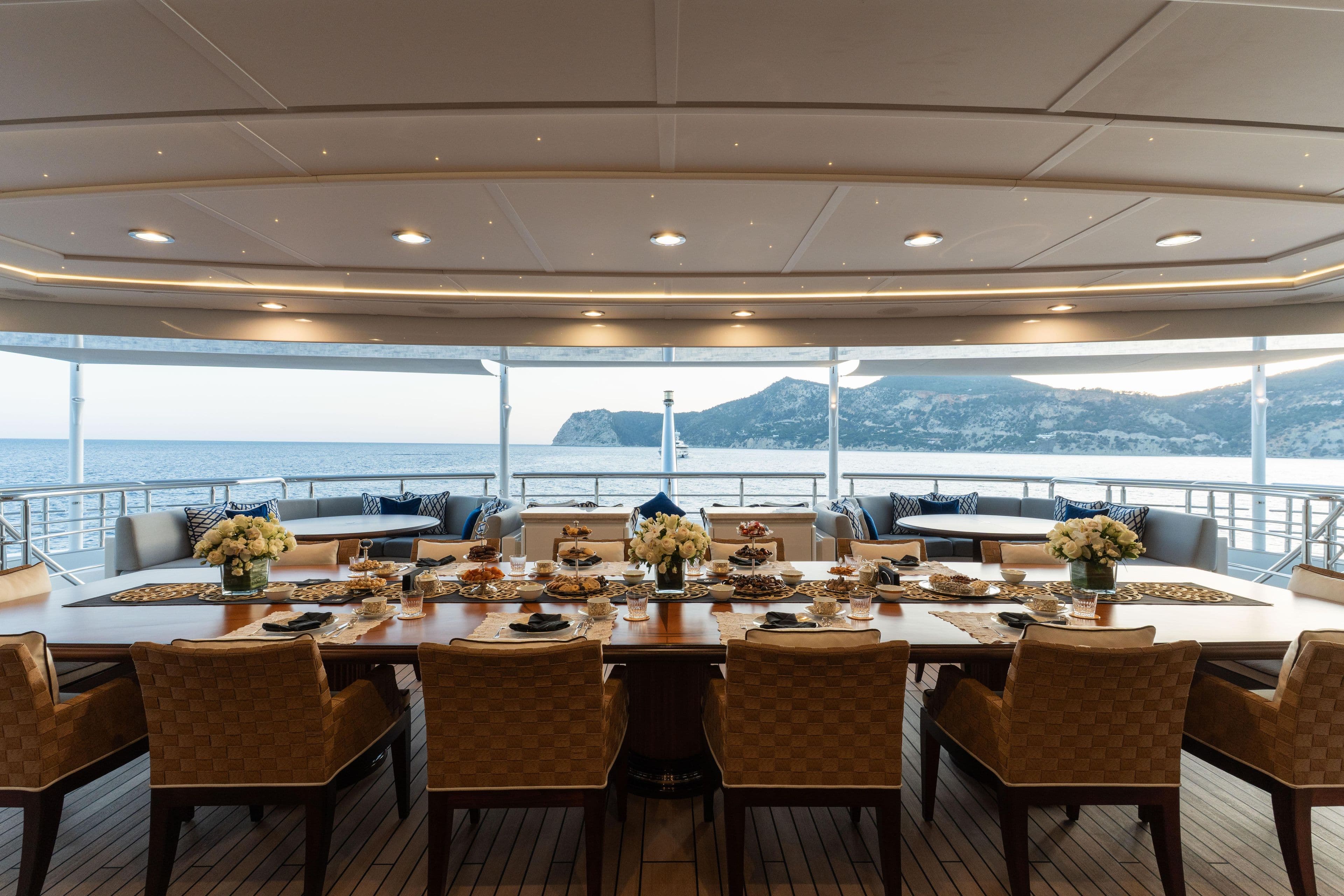 Luxurious dining area on Kusch Yacht with sea view, 2015.