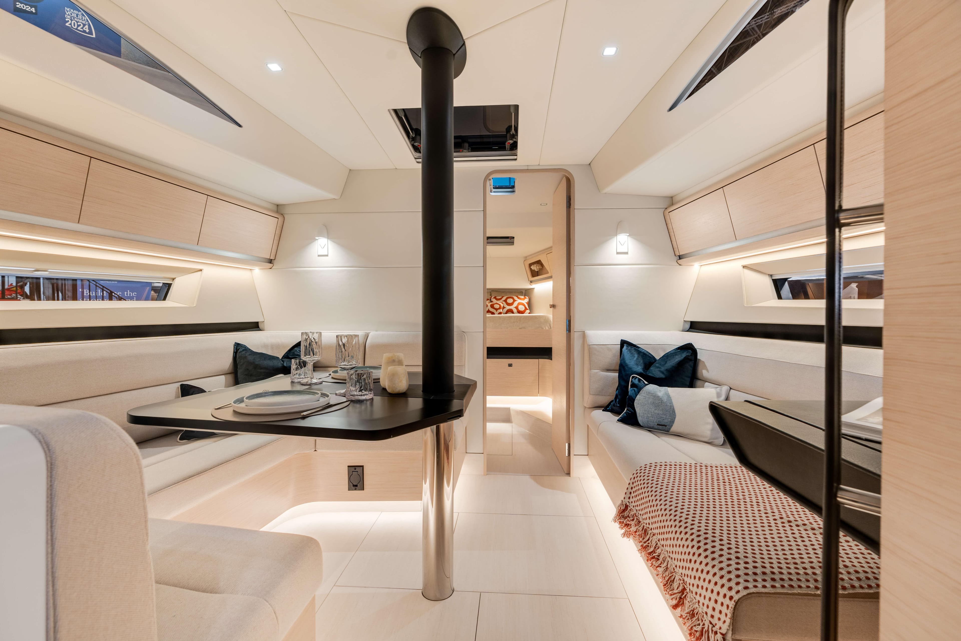 Luxurious interior of 2027 Saffier SL 46 MED yacht with elegant dining area.