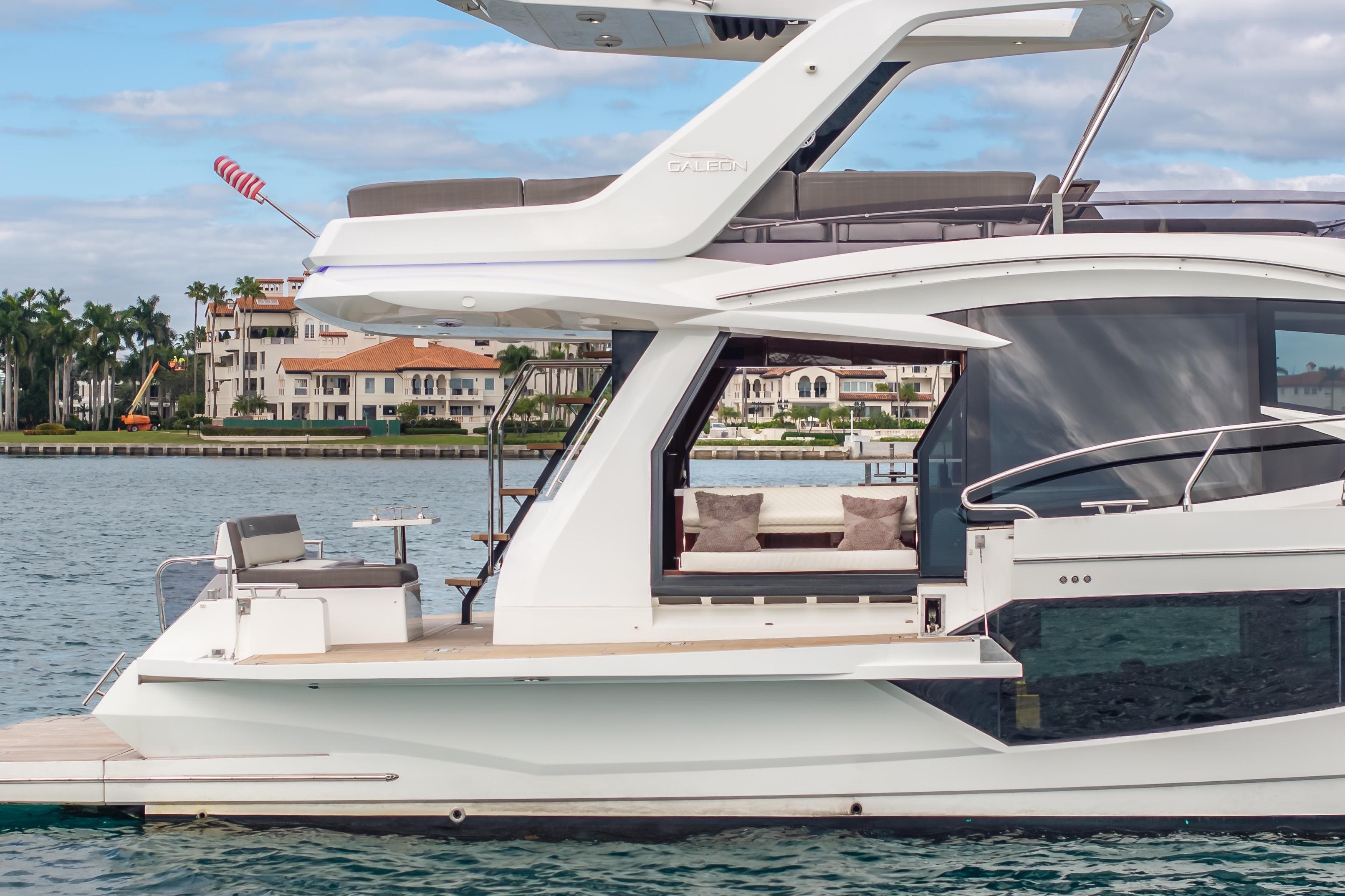 2020 Galeon 500 Fly yacht on water, showcasing sleek design and luxurious features.