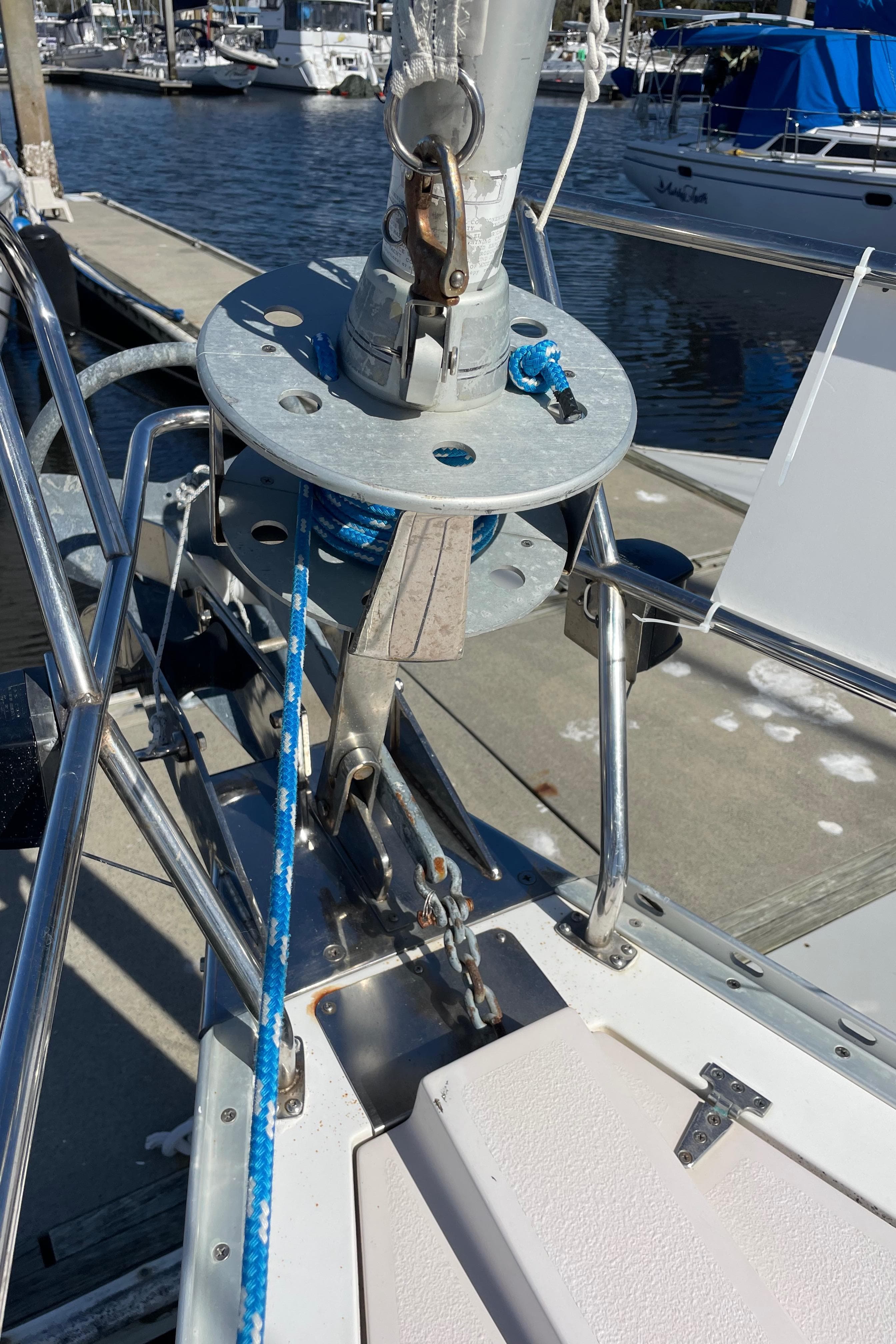 Close-up of a 1998 Catalina 400 sailboat's rigging and deck at a marina.