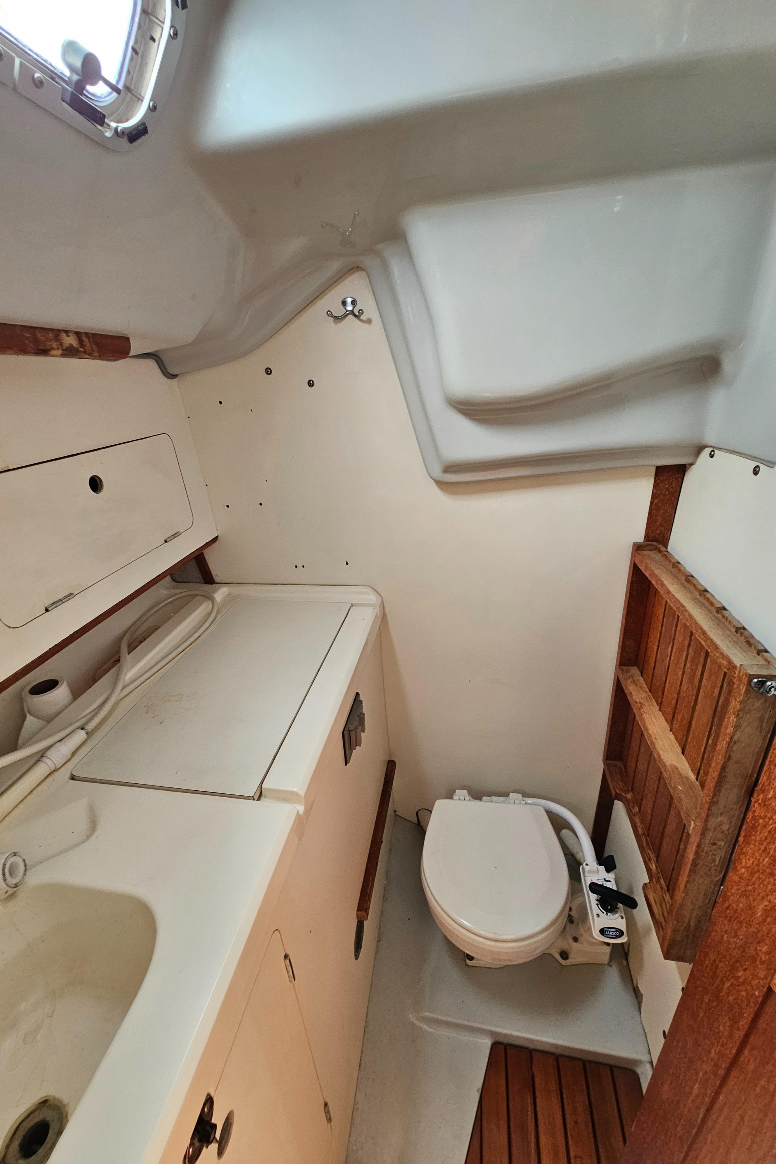 Interior of a 1988 Hunter Legend 35 yacht, bathroom view.