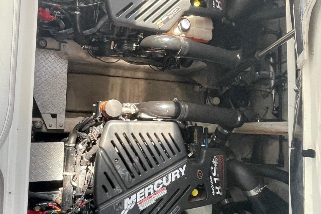 Engine compartment of a 2006 Sea Ray 360 Sundancer with Mercury engines.