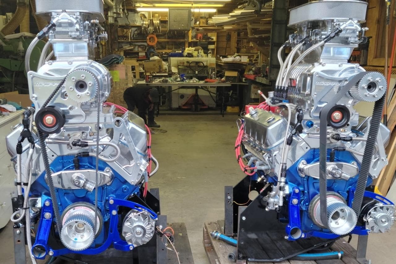 Twin high-performance engines in a workshop, Apache 41 "The Chief" 1989 model.
