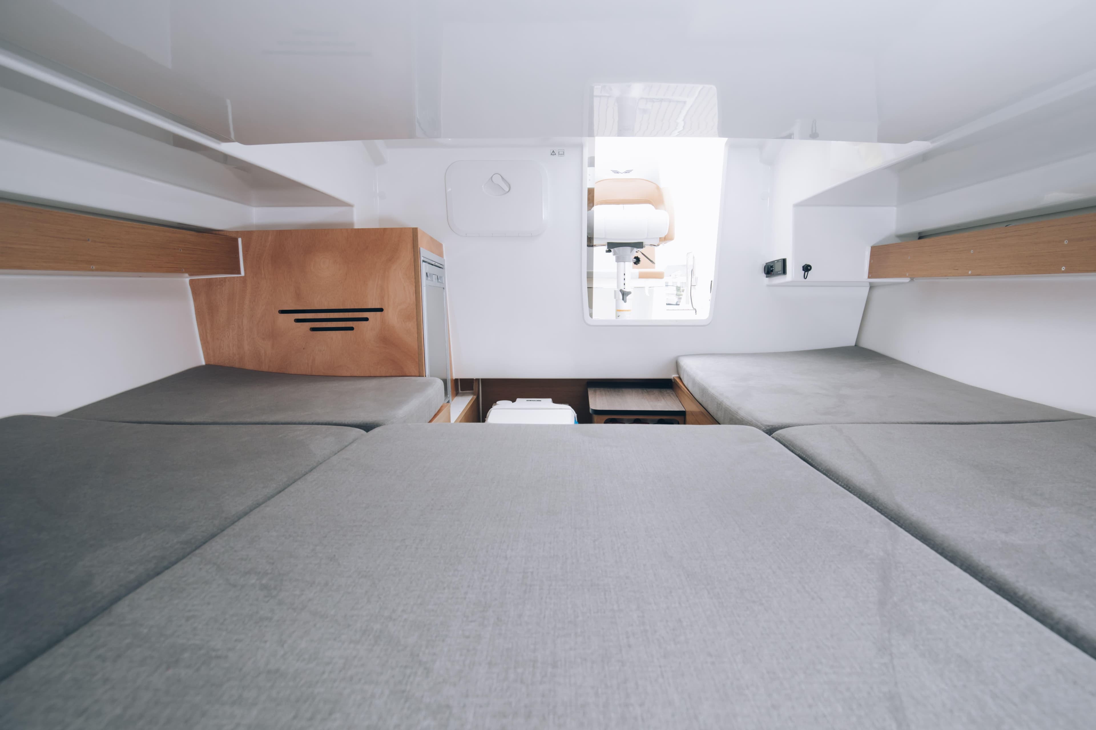 Interior cabin of 2026 Beneteau Flyer 7 SUNdeck with modern design and comfortable seating.