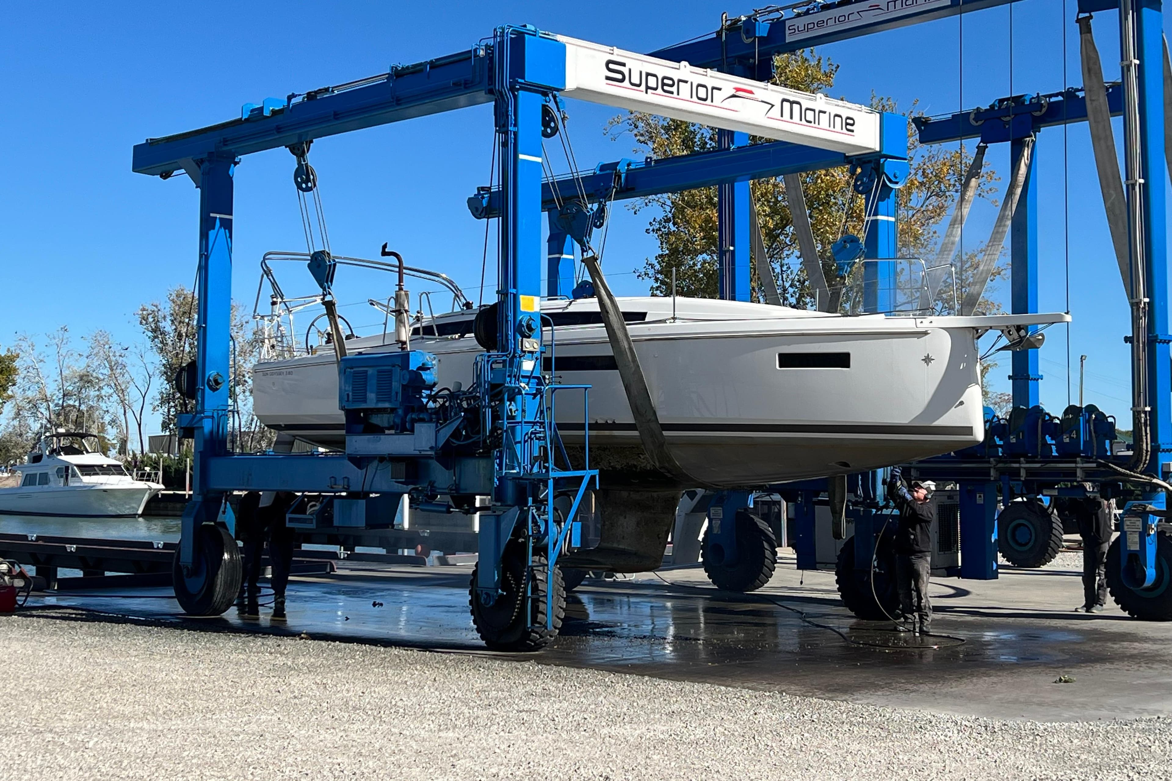 2023 Jeanneau Sun Odyssey 380 sailboat lifted by Superior Marine crane.