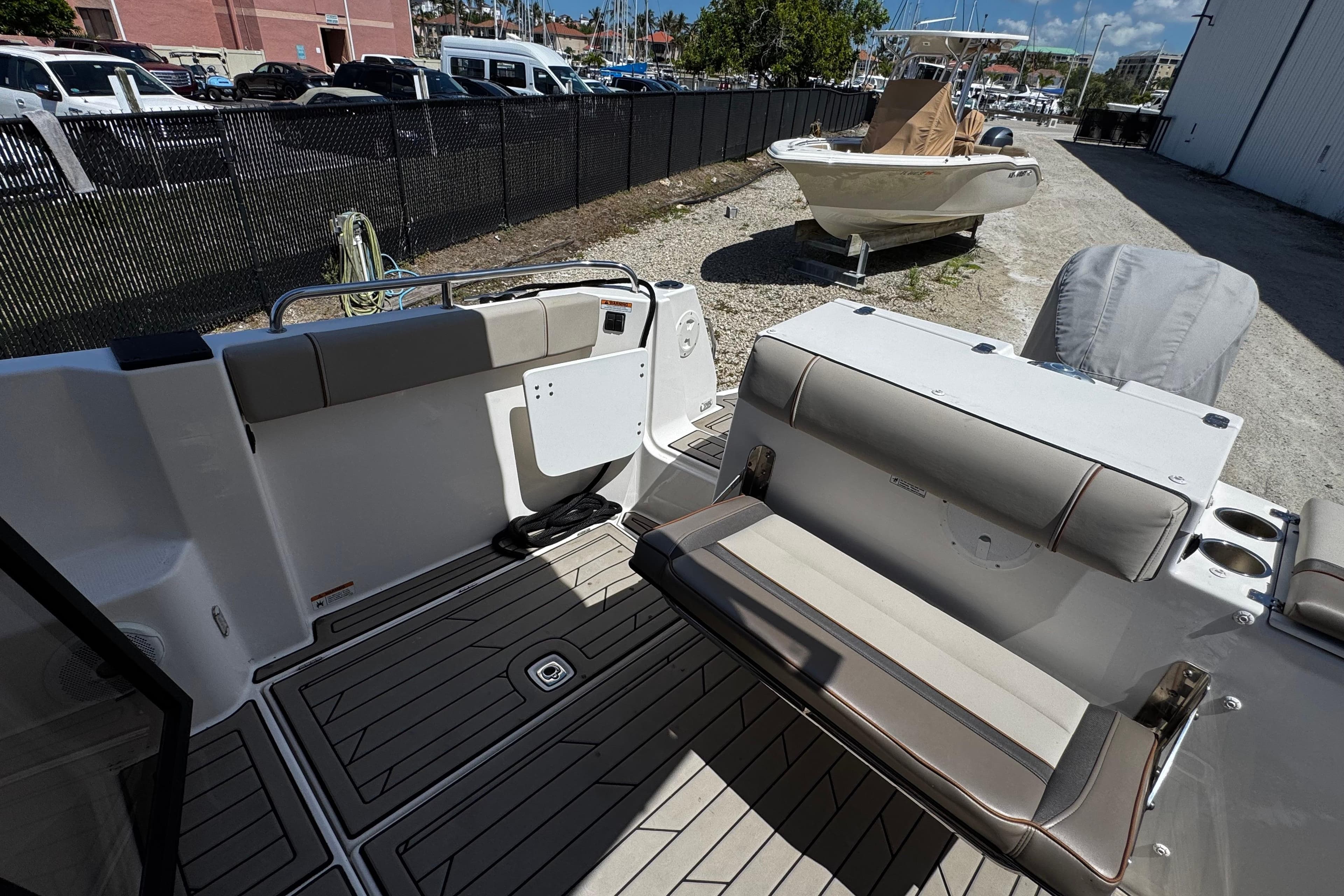 2022 Cutwater C-248 Coupe boat interior with seating and deck details.