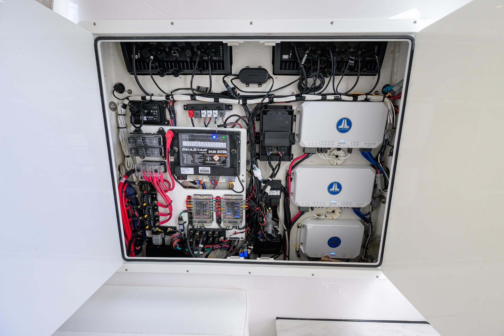 2023 Sportsman Open 302 Center Console electrical panel with advanced wiring and components.