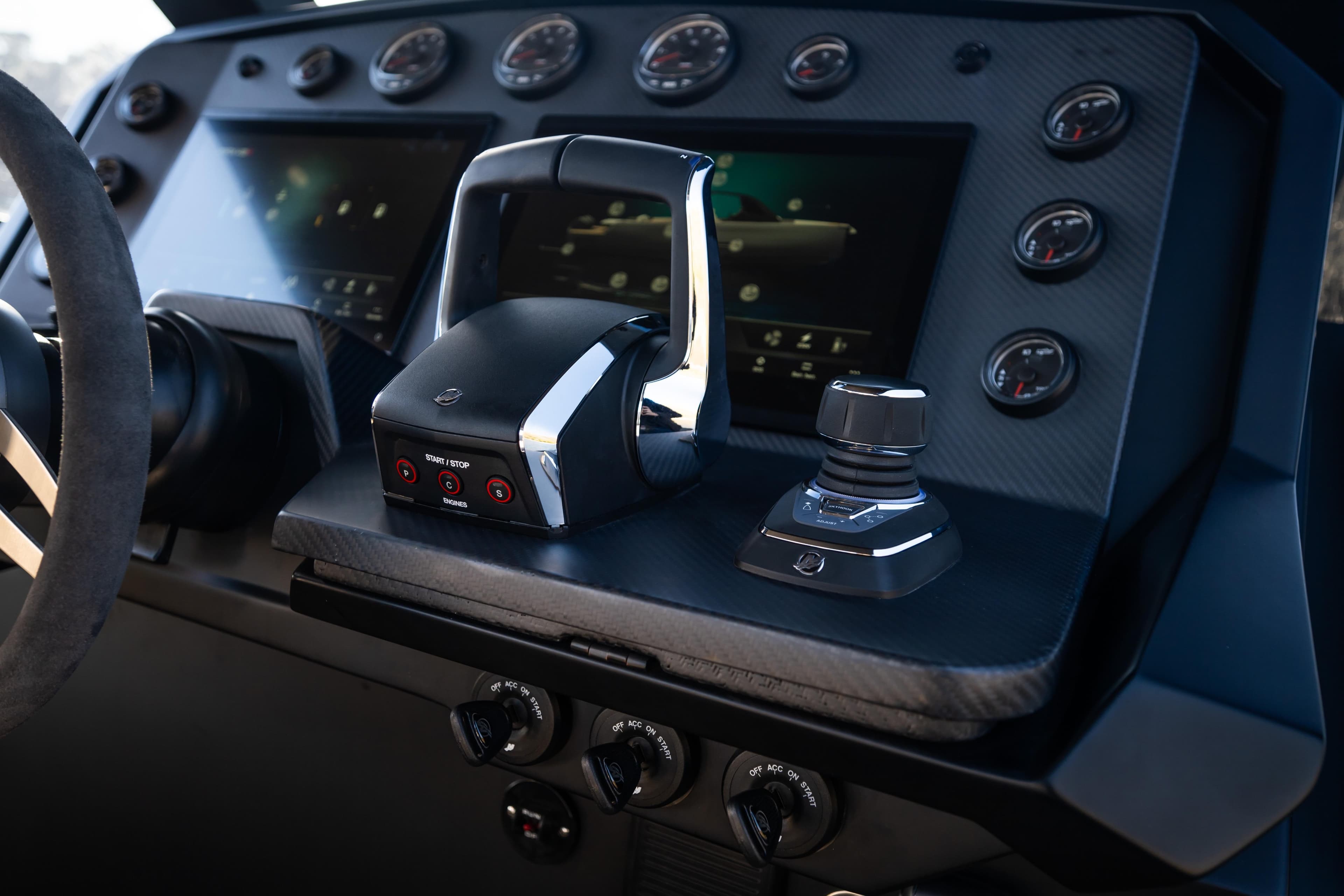 Control panel of 2025 Maxim Yachts 44 R, featuring advanced navigation and throttle controls.