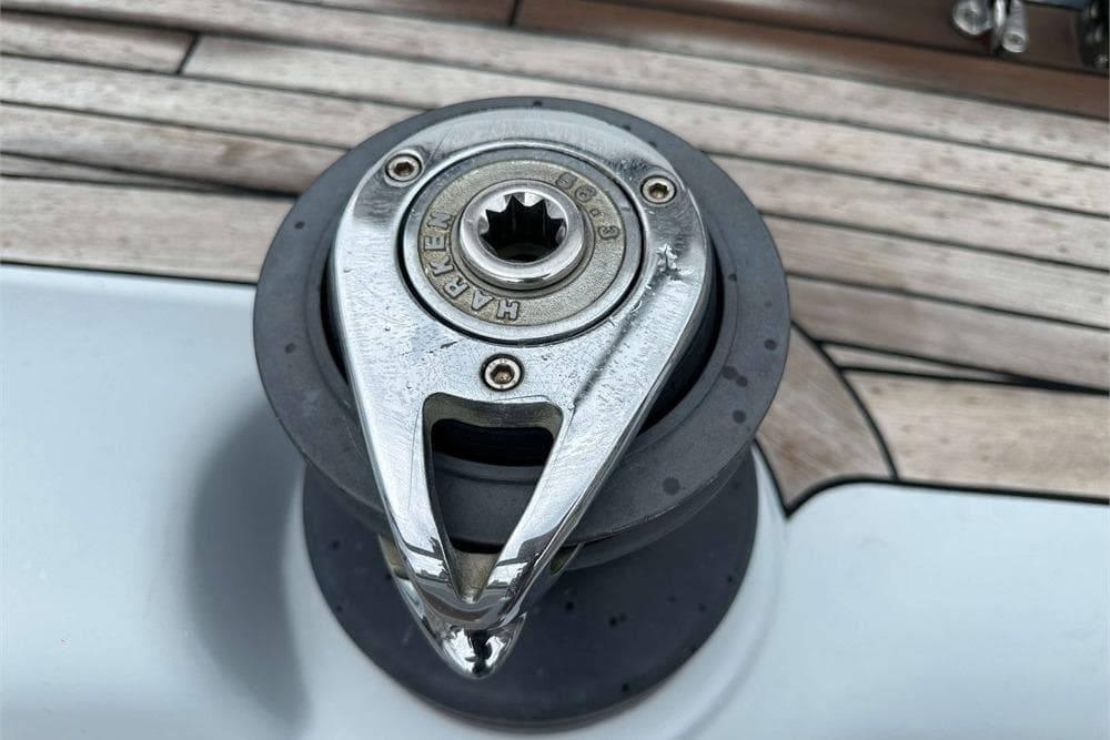 Close-up of a Harken winch on a 2005 Simonis Voogd 56 yacht deck.