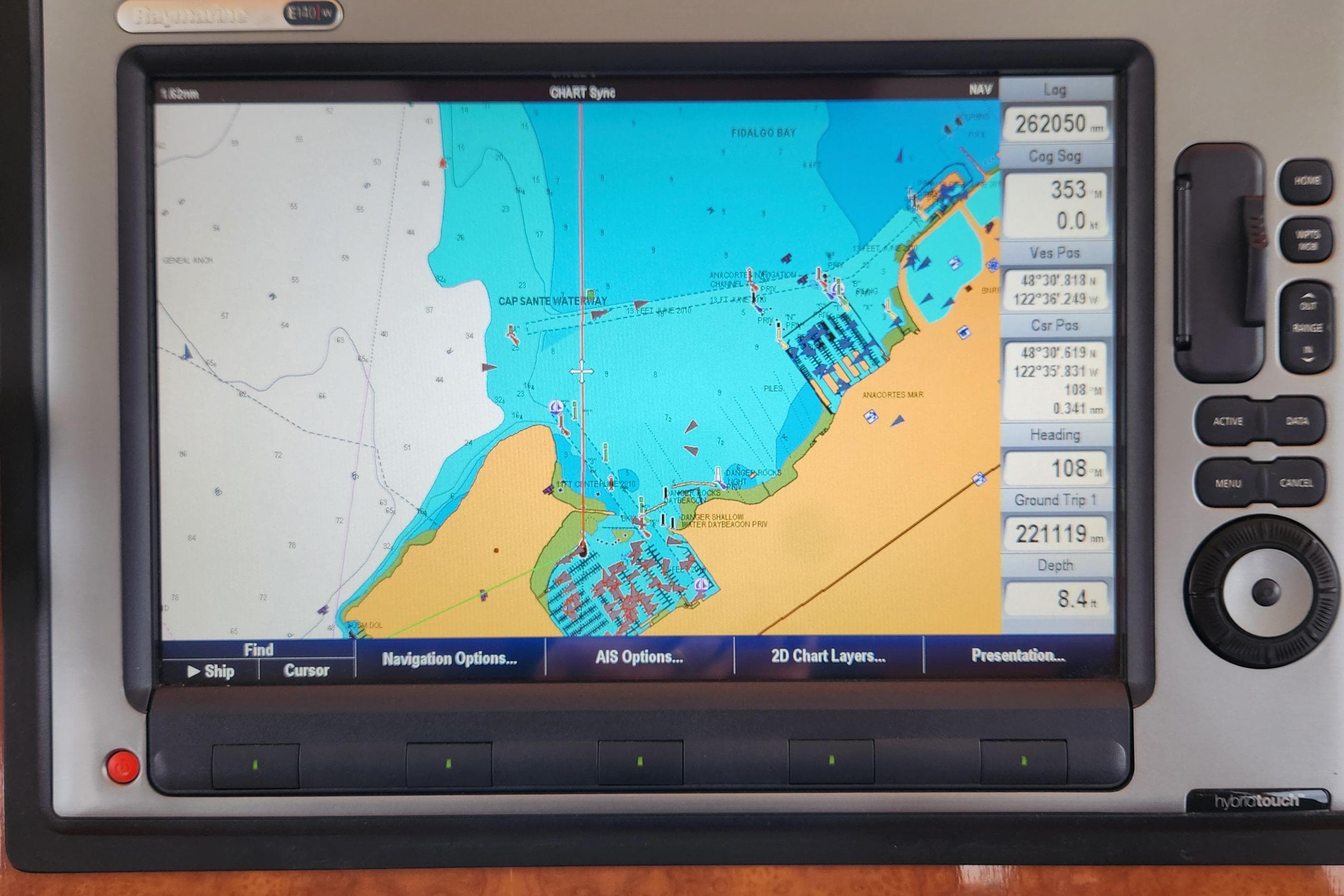Navigation display on 2001 Ocean Alexander Classico yacht, showing detailed marine chart.