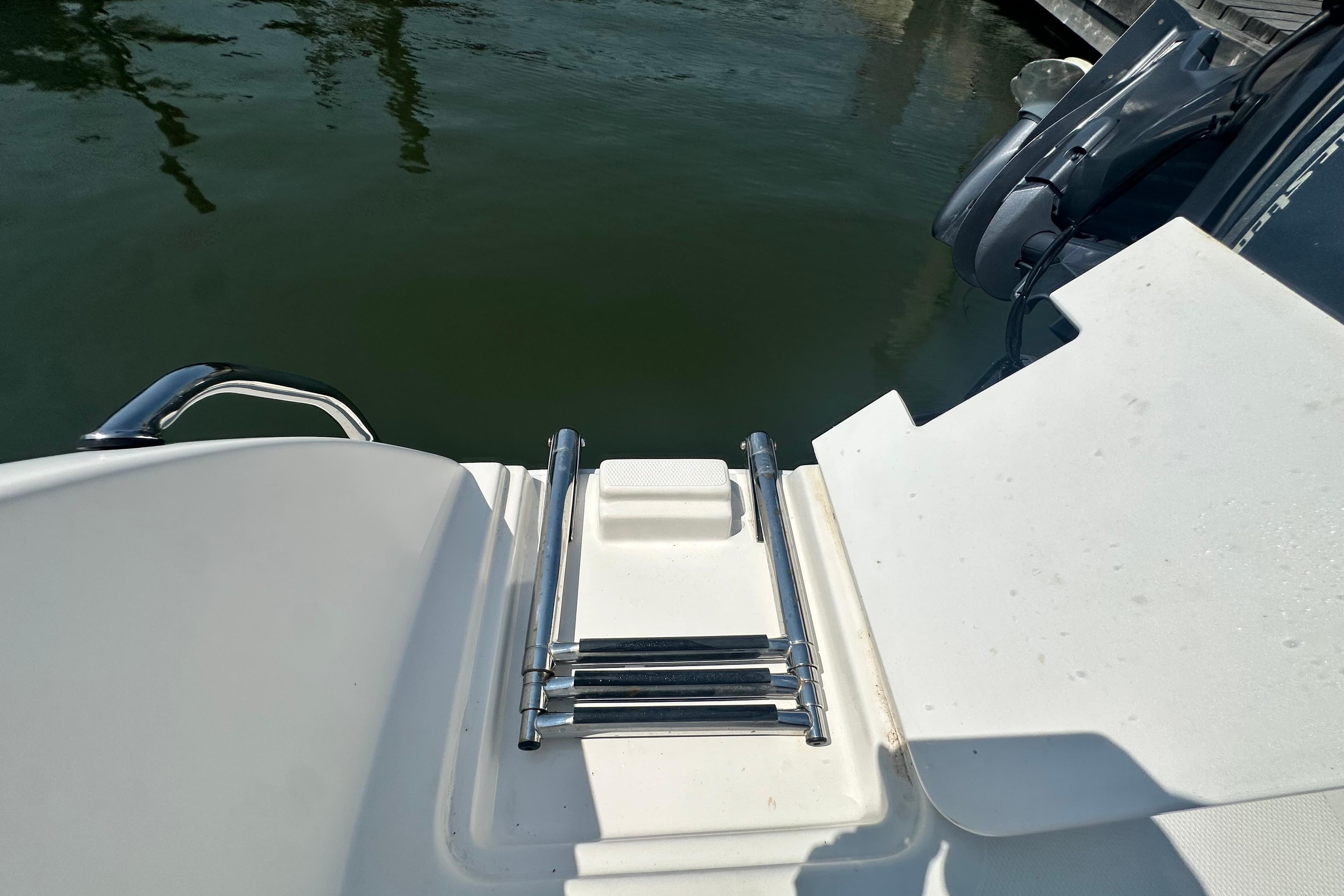 Rear view of 2007 Custom Venet Vision 2 boat with folded swim ladder.