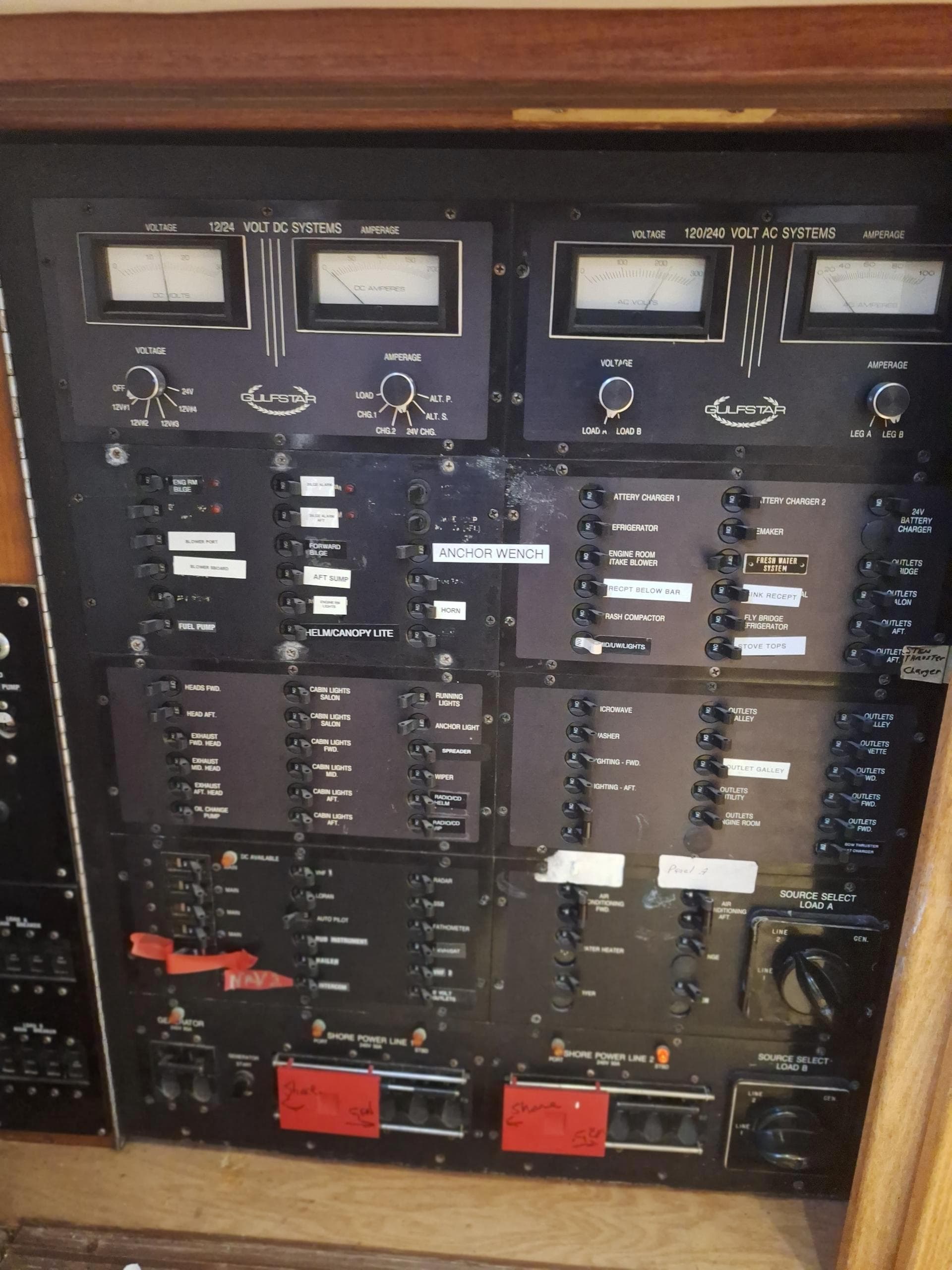 Electrical control panel on a 1988 Viking Motor Yacht.