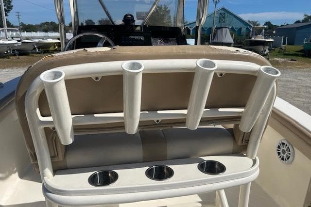 2022 Scout 215 XSF boat with rod holders and cup holders on the deck.