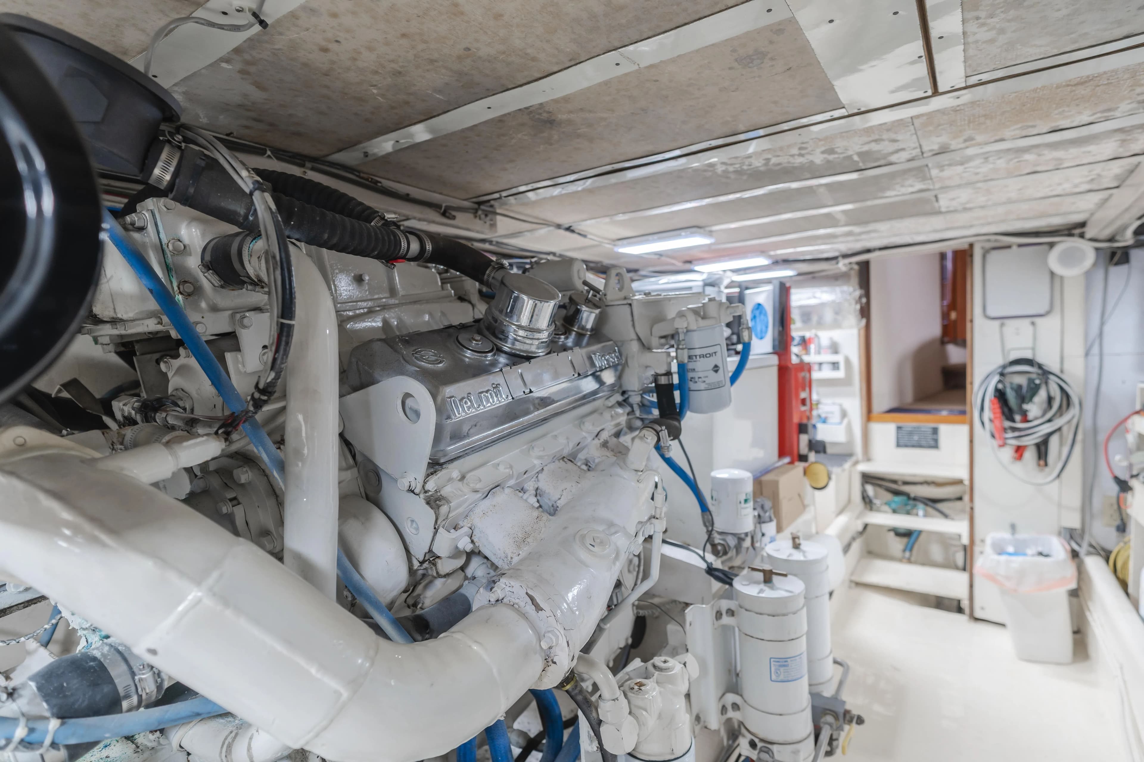 Engine room of a 1984 Vic Franck Pilot House boat.