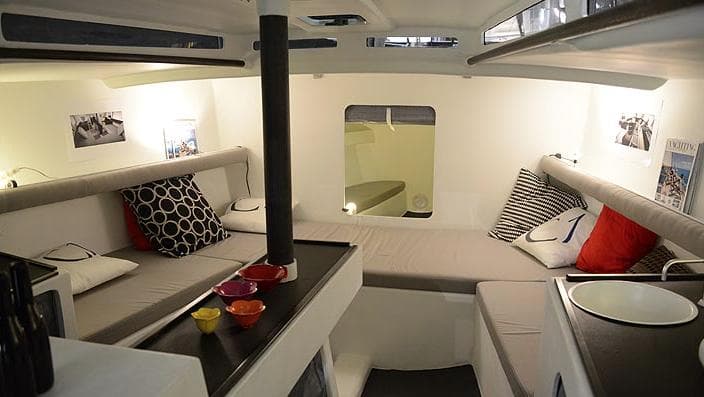 Interior of a Black Pepper CODE 1 yacht, cozy and modern design.