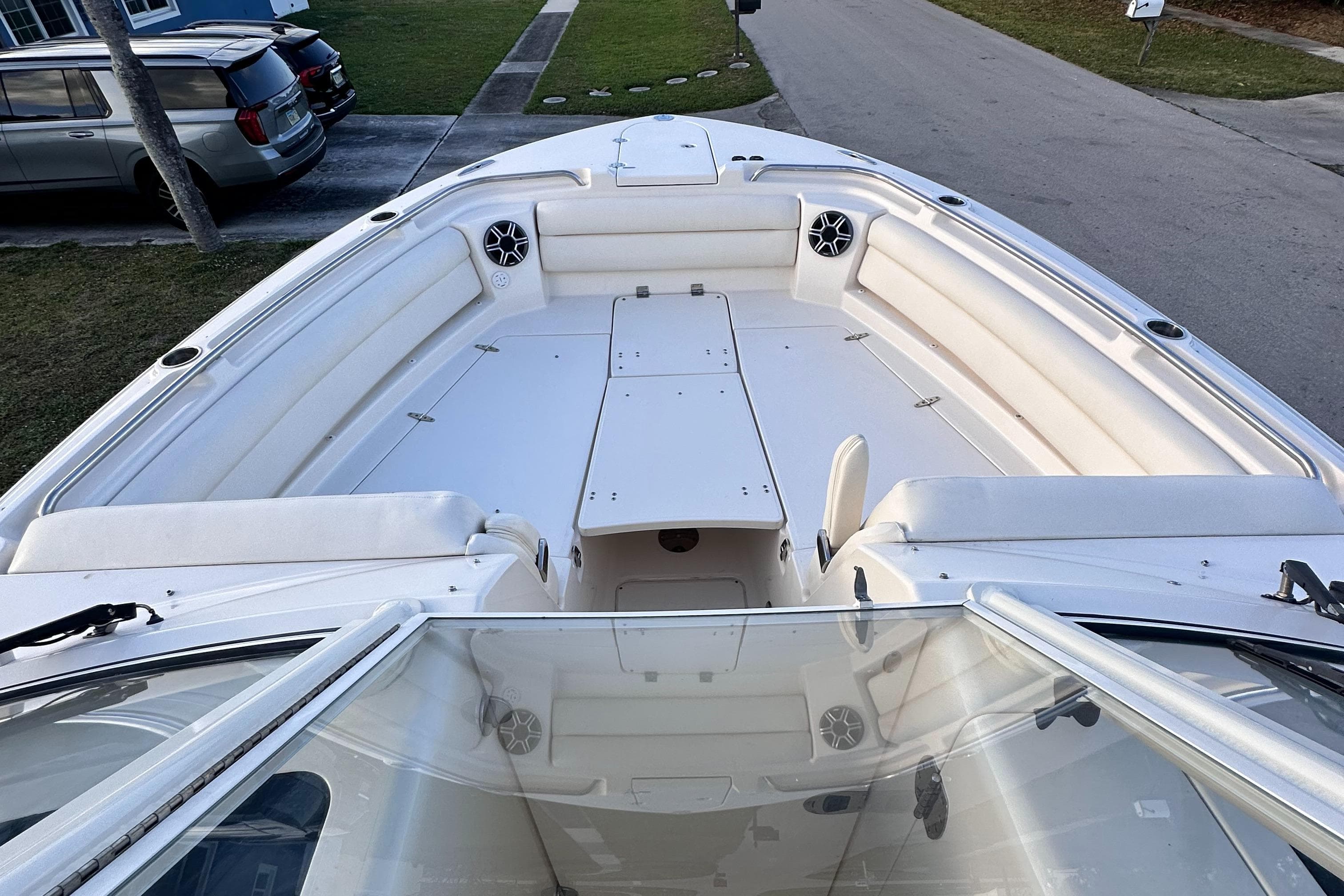 2019 Grady-White Freedom 325 boat interior with spacious seating and sleek design.