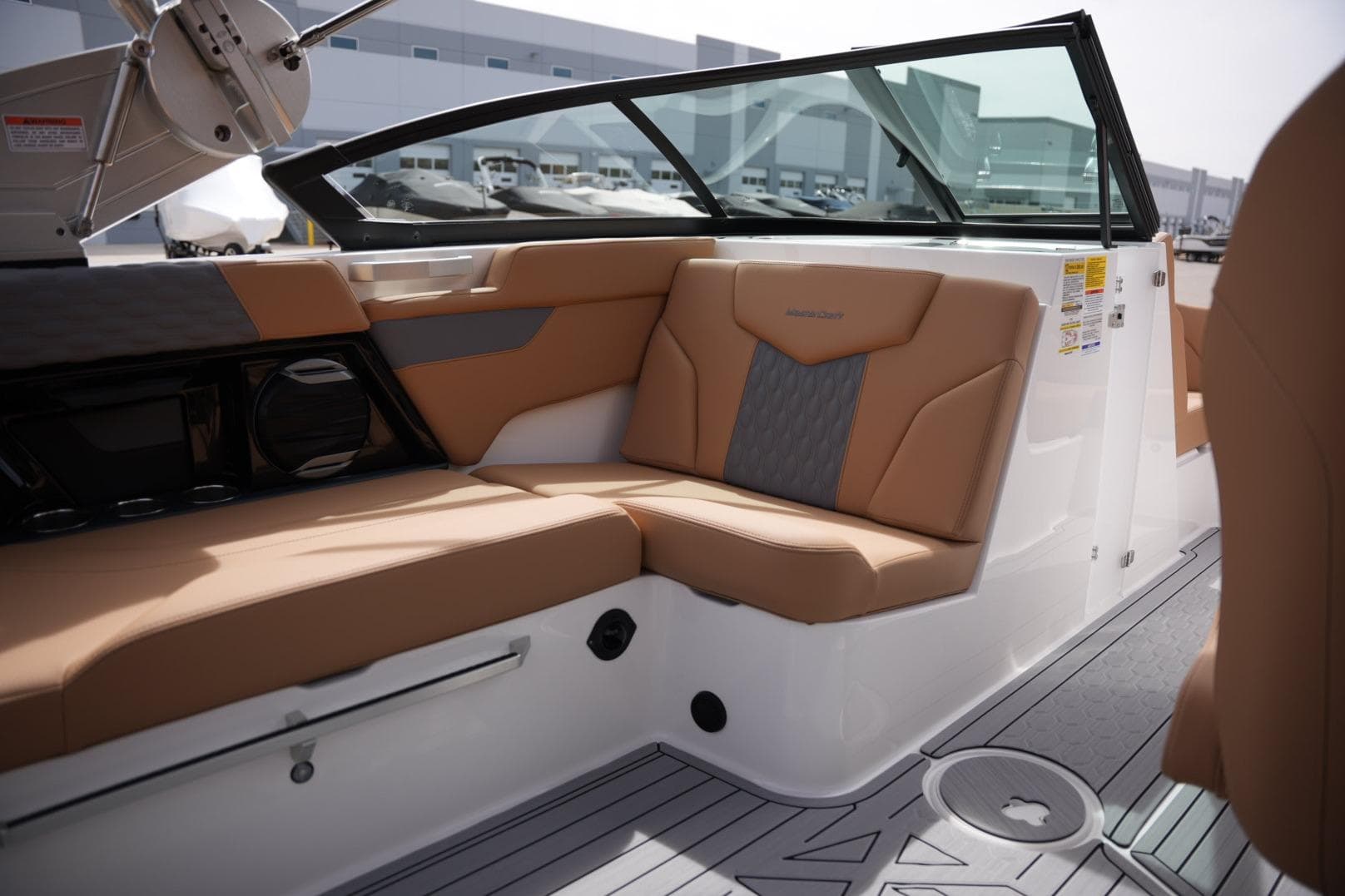 2026 MasterCraft XT20 boat interior with tan seating and modern design.