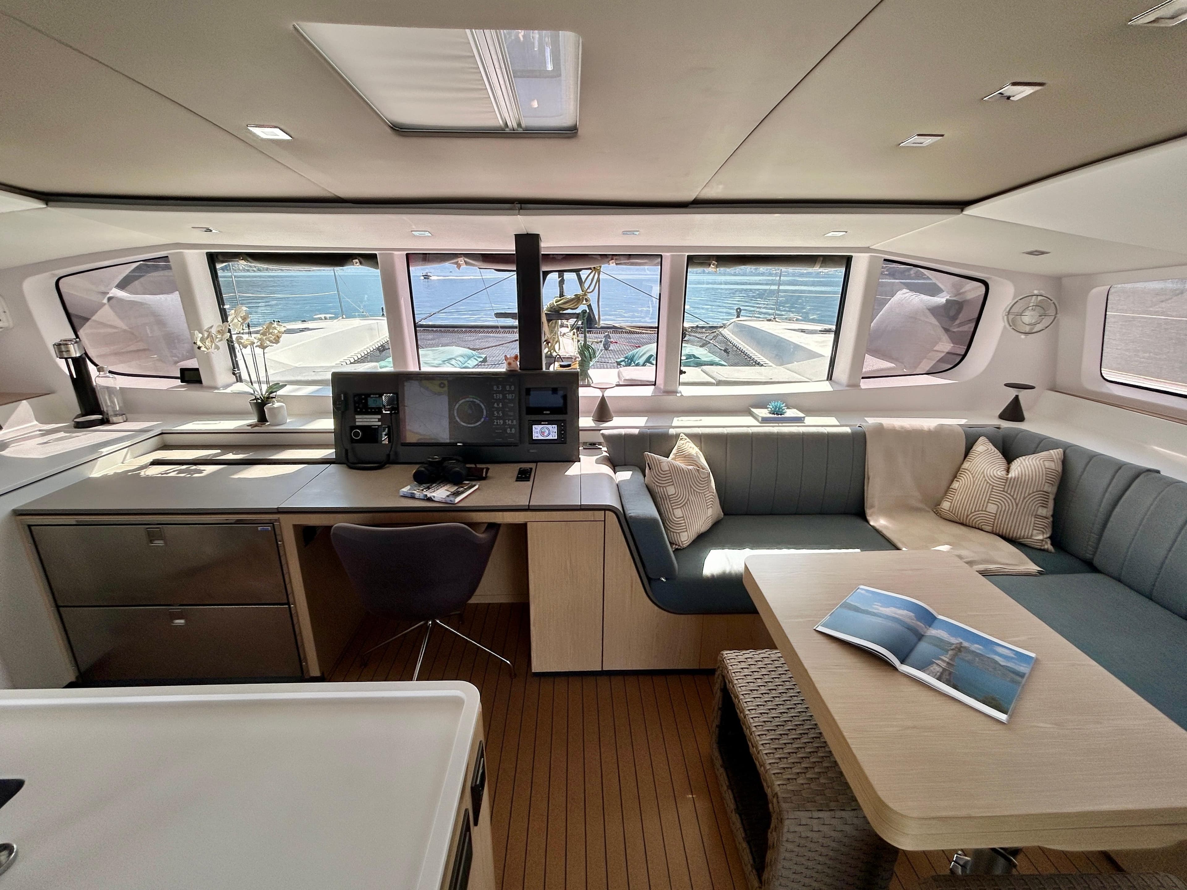 Interior of 2022 Outremer 55 yacht with modern design and ocean view.