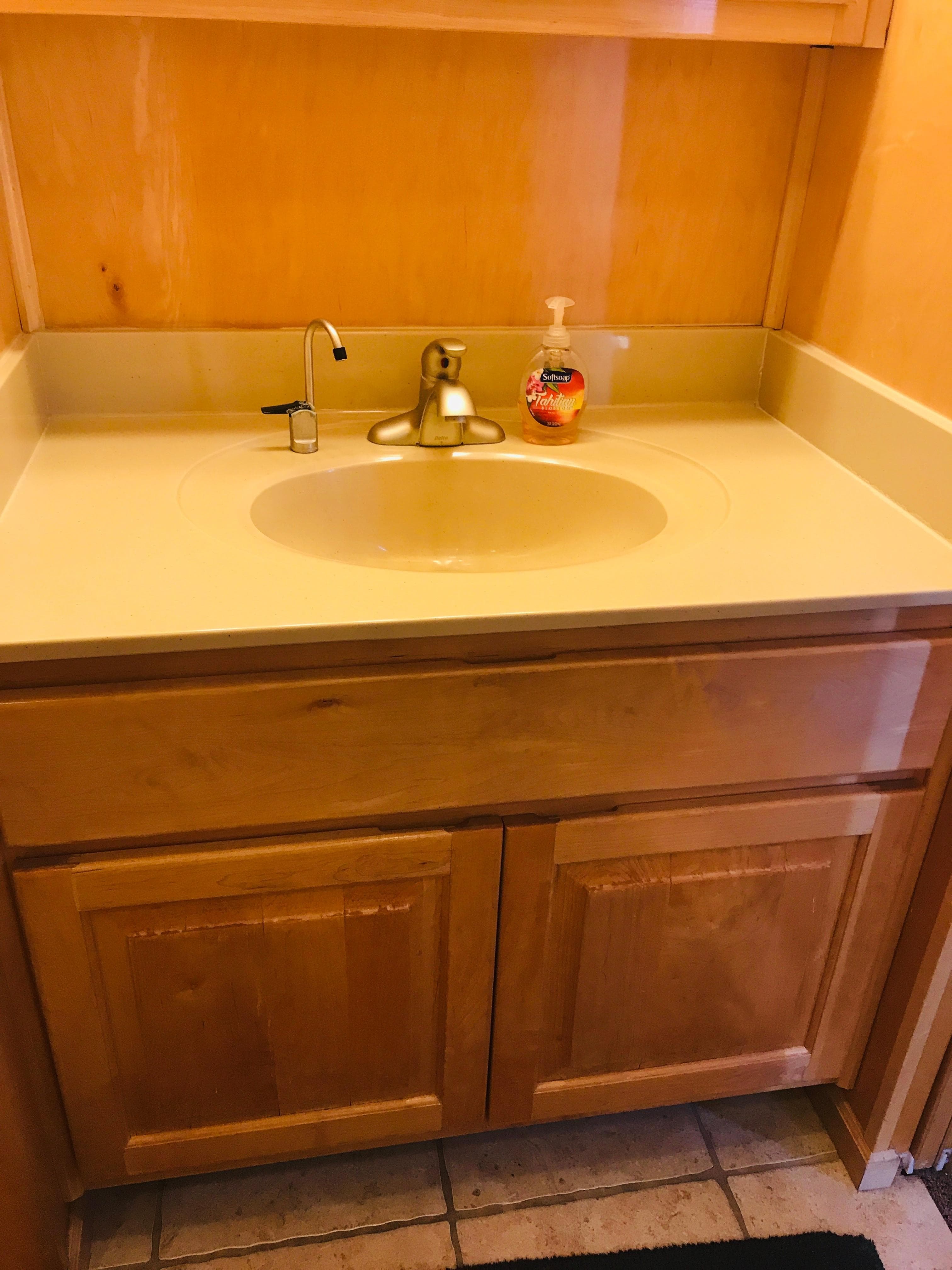 Wooden bathroom vanity with sink and soap dispenser, Stardust Cruisers 2005 model.