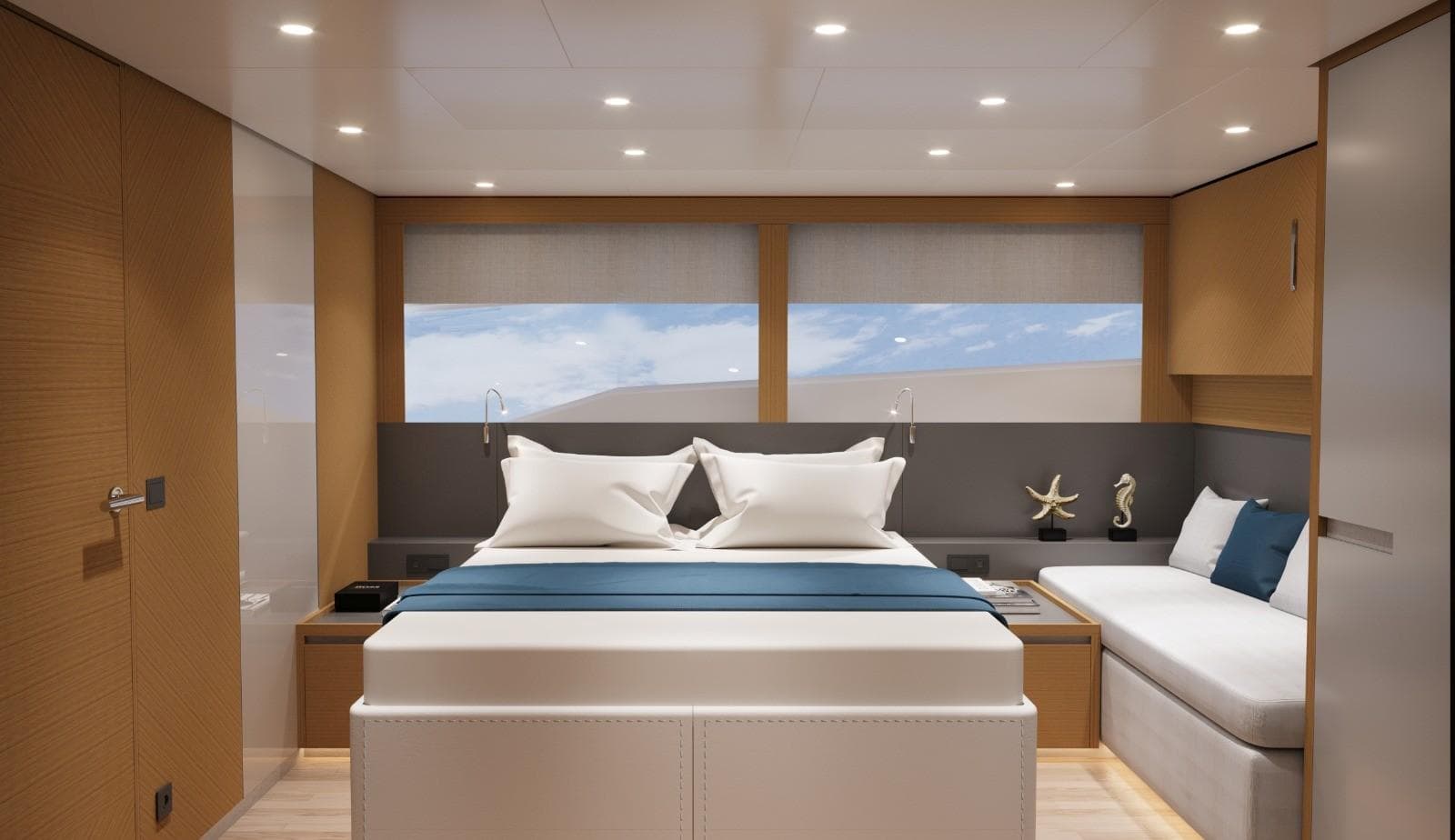 Luxurious cabin interior of 2026 Vicem 68 yacht with elegant bedding and modern decor.