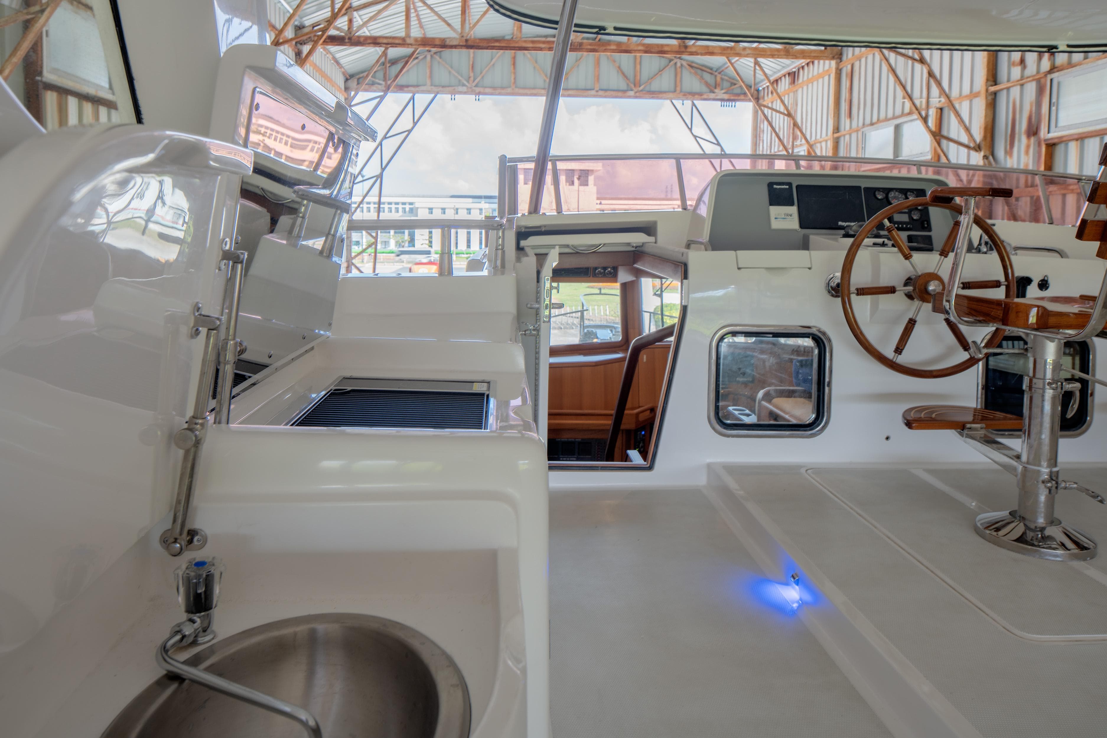 Interior view of 2026 Selene 49 Classic Explorer yacht with helm and seating area.