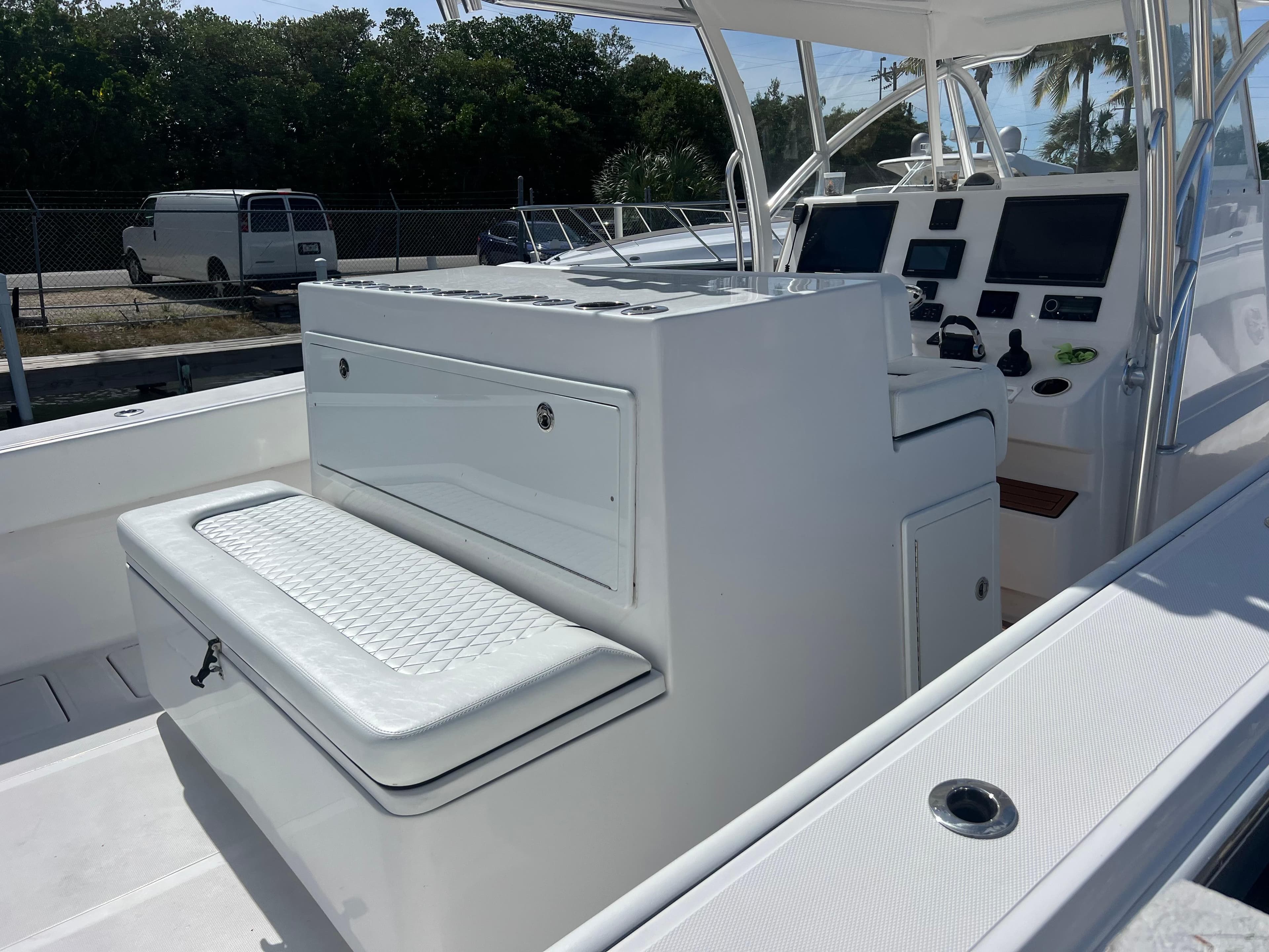 SeaHunter 45 2020 boat interior with seating and control panel.
