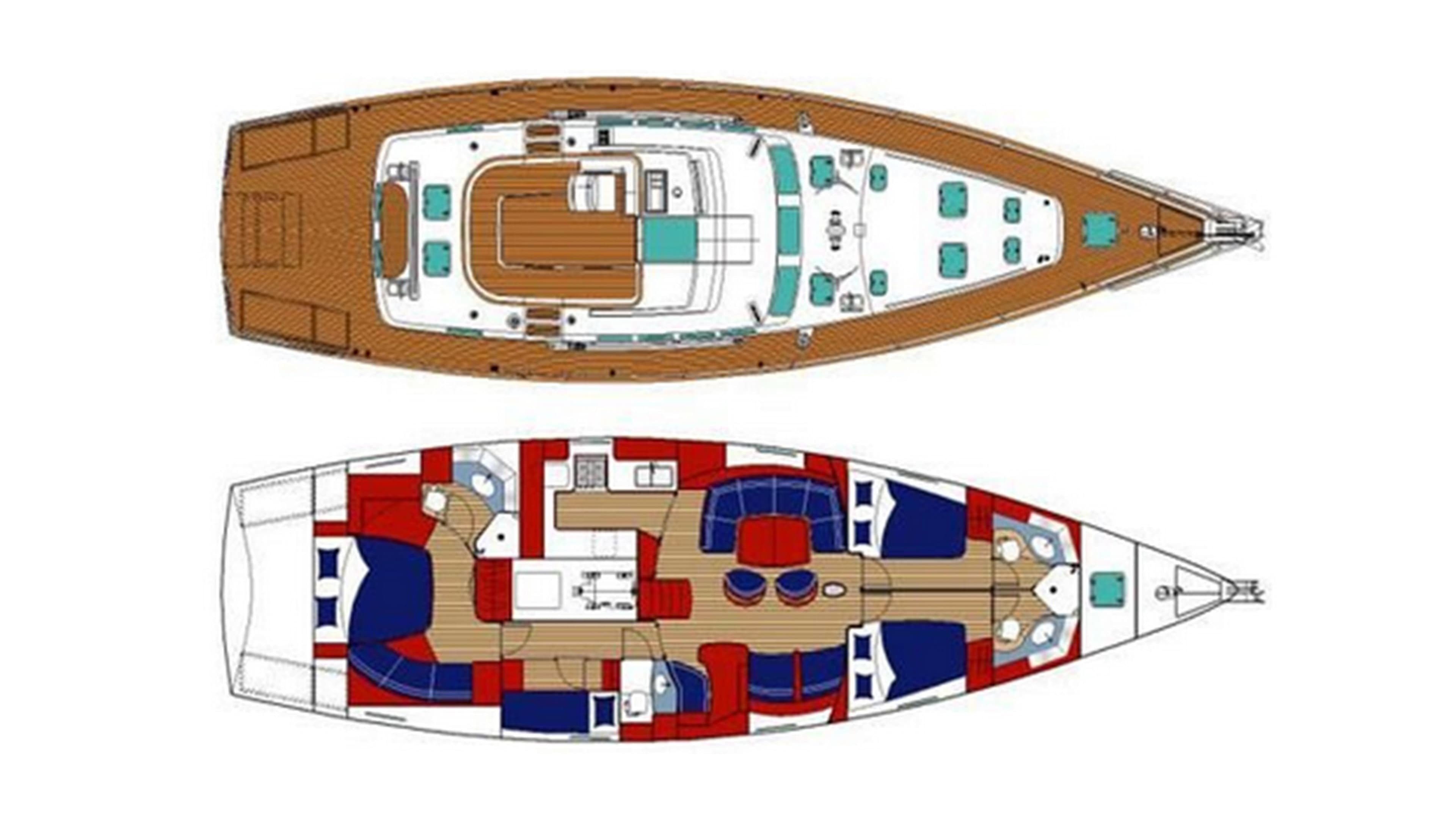 Deck and interior layout of 2005 Beneteau 57 yacht, showcasing spacious design and amenities.