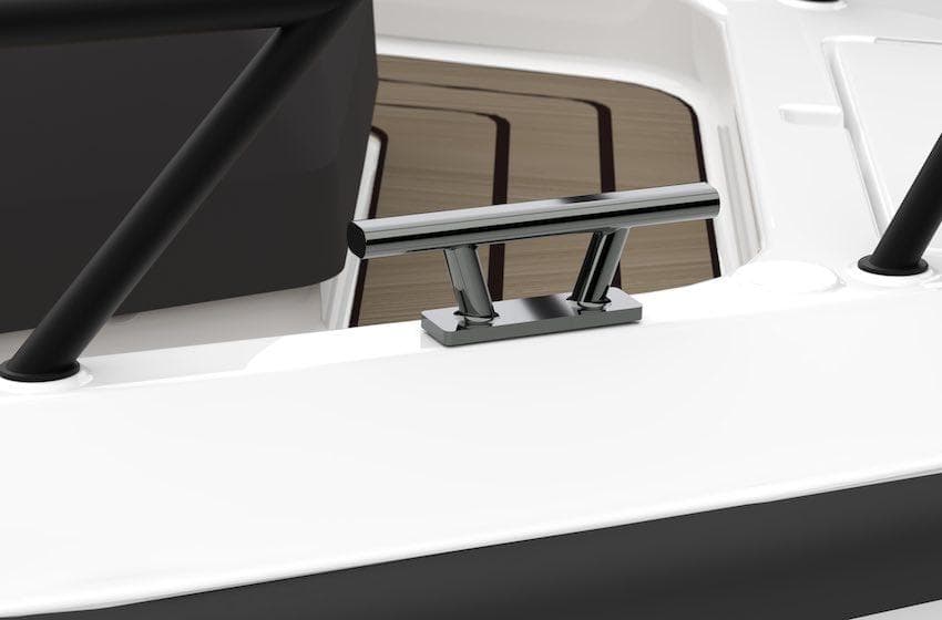 2025 Navan S30 boat cleat on sleek white deck with wood accents.