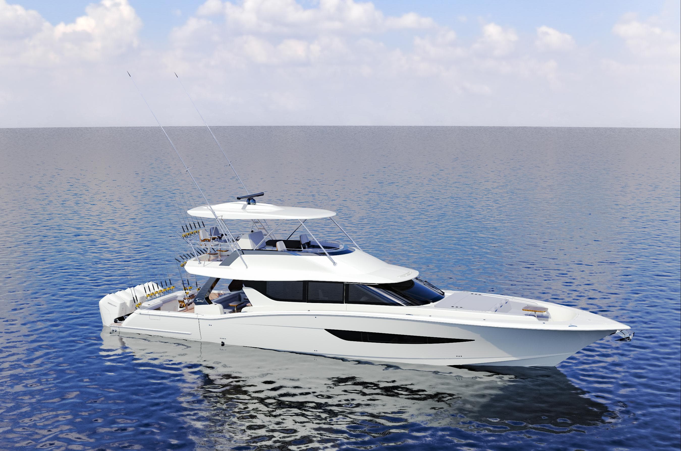 2025 Scout 670 LXS luxury yacht on calm ocean waters.