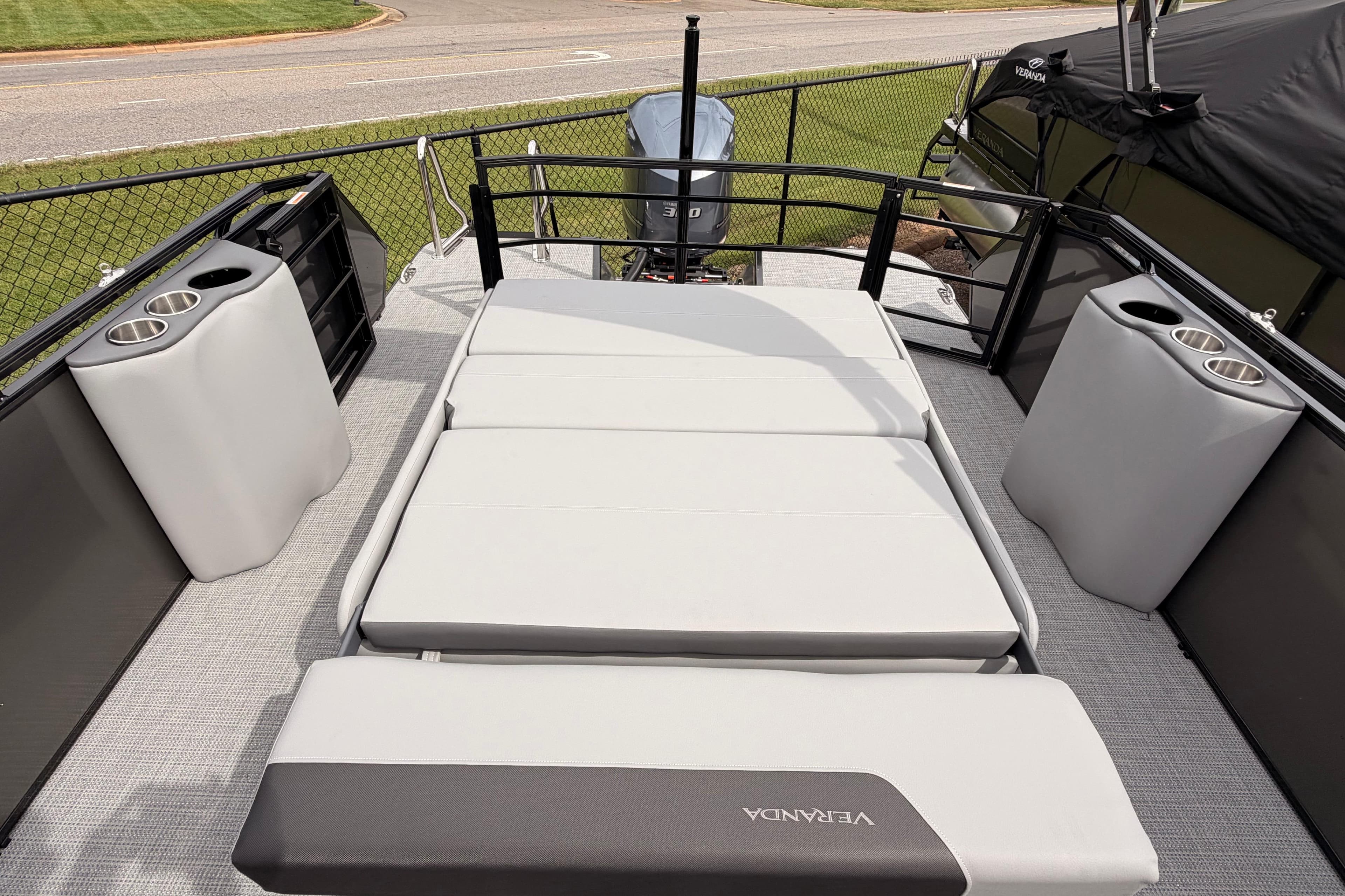 2026 Veranda VR 265 VLI pontoon boat with spacious seating and cup holders.