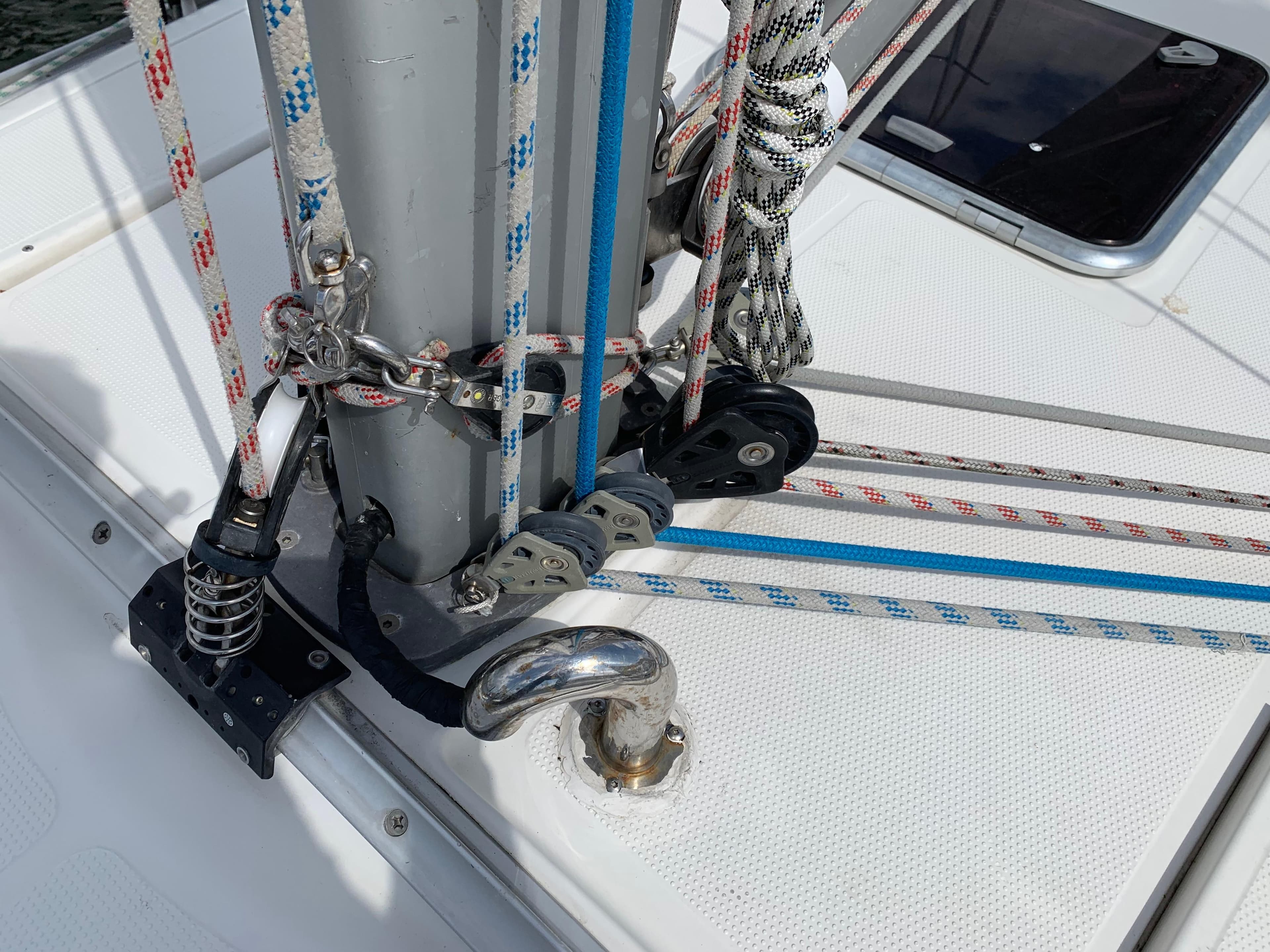 Close-up of sailing rigging on a 2009 Hanse 370 yacht deck.