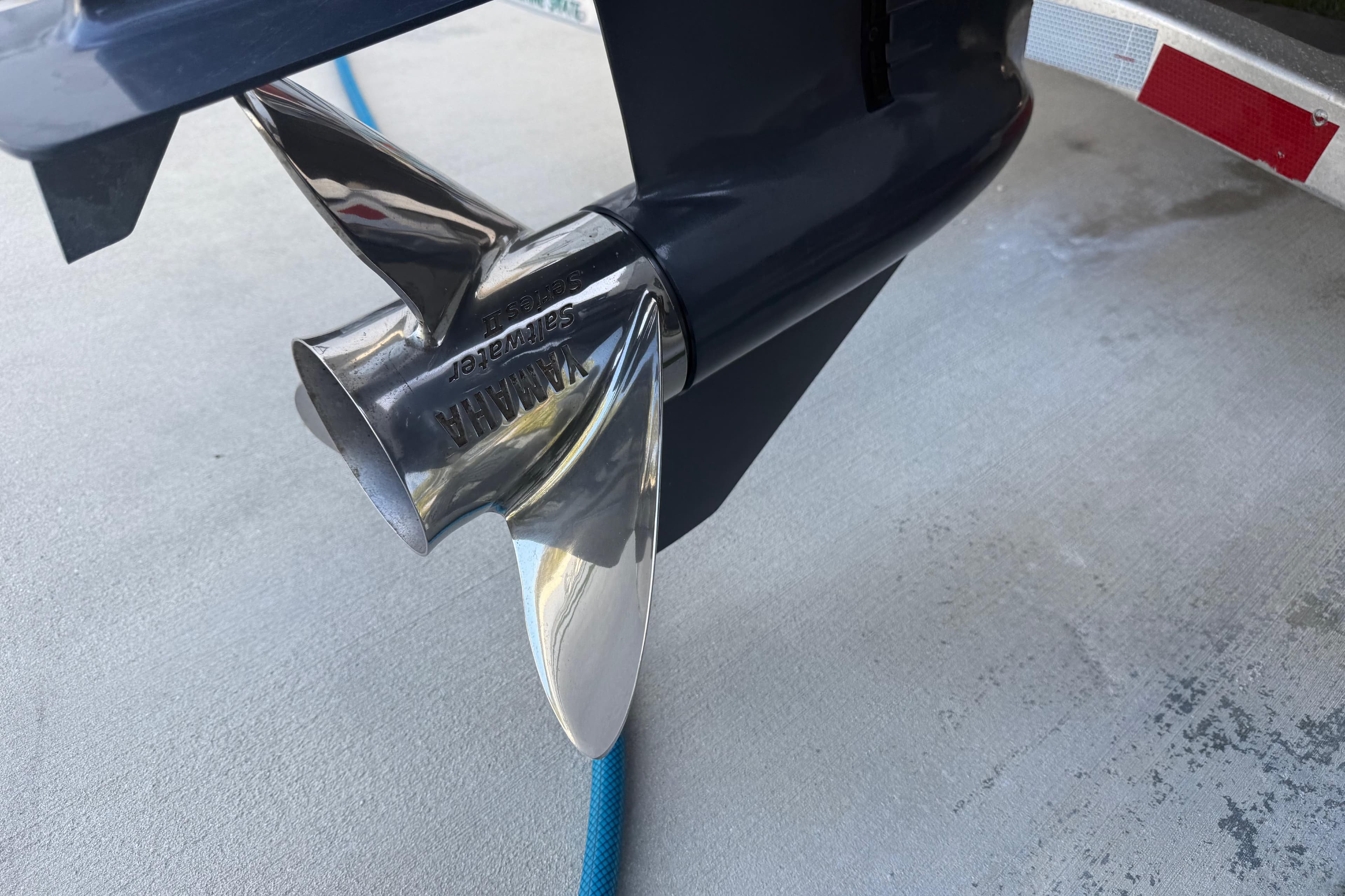 Close-up of a Yamaha stainless steel propeller on a 2021 Sea Fox 268 Commander boat.