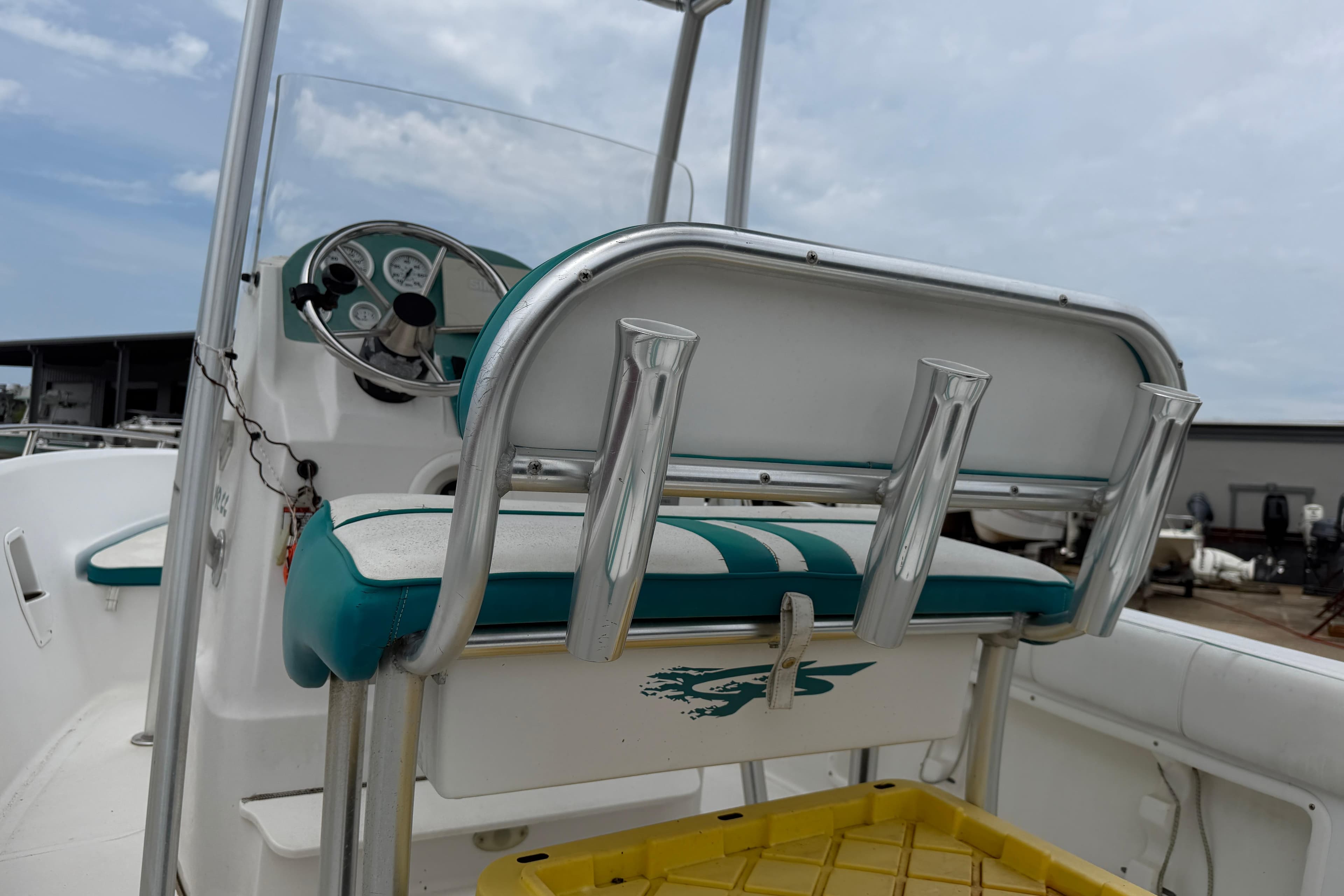 2016 Glasstream 192 CC boat interior with rod holders and steering console.
