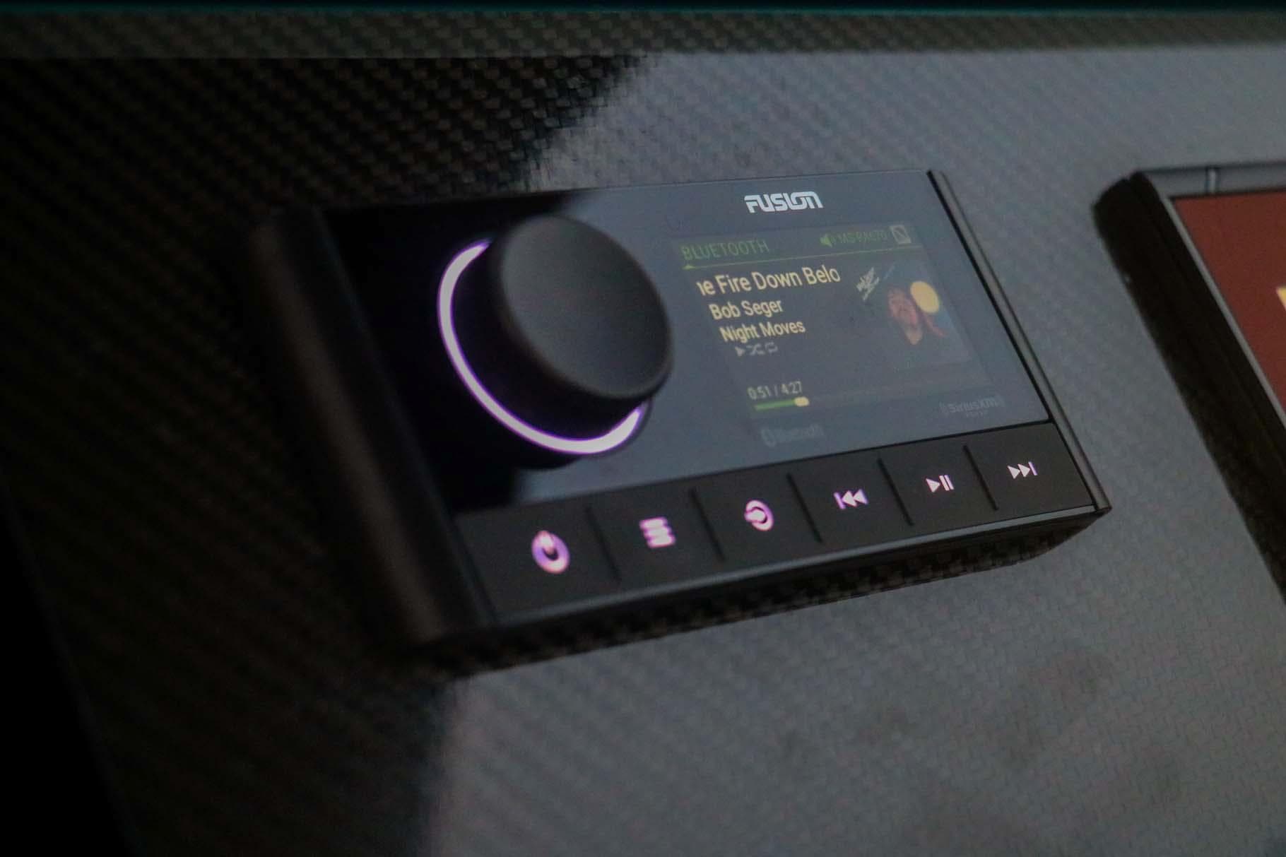 Fusion audio system in 2023 Roughneck 36 T Top boat, featuring sleek design and controls.