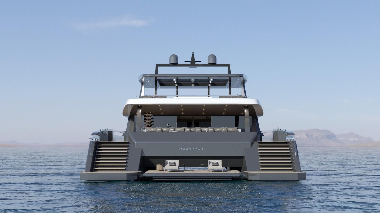 Luxury yacht Moon 100 Power 2027 on calm sea, rear view.