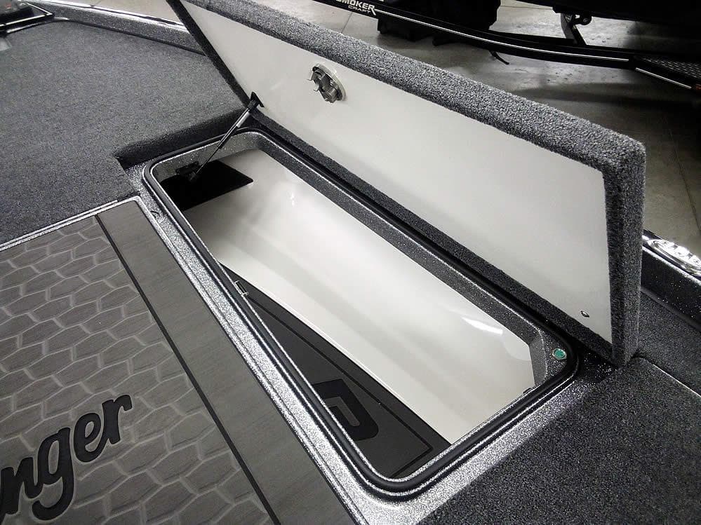 2025 Ranger Z520R boat storage compartment, open lid, interior view.